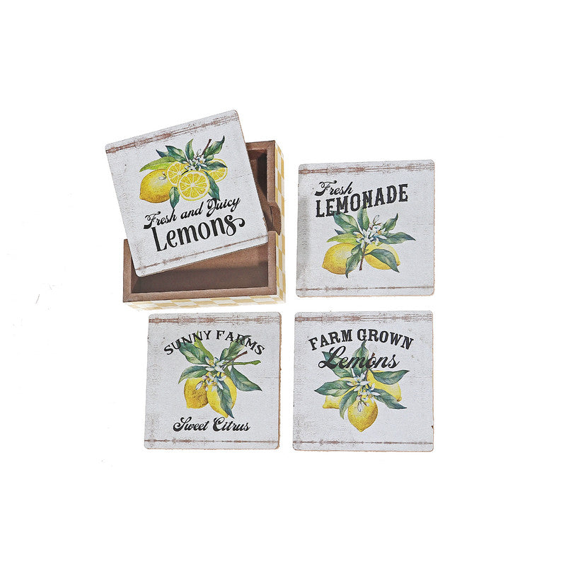 Wooden Coasters With Holder Lemon Design Set of 4 Drink Coasters