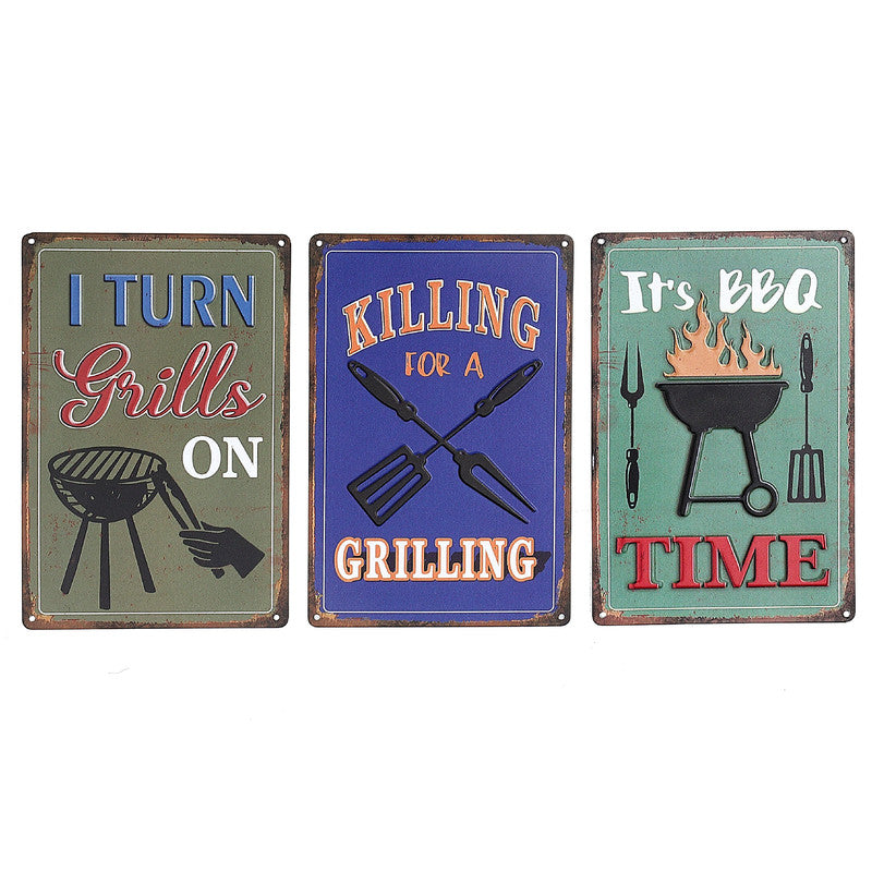 Metal Embossed Wall Sign "BBQ Time" Set of 3 Outdoor Wall Decor