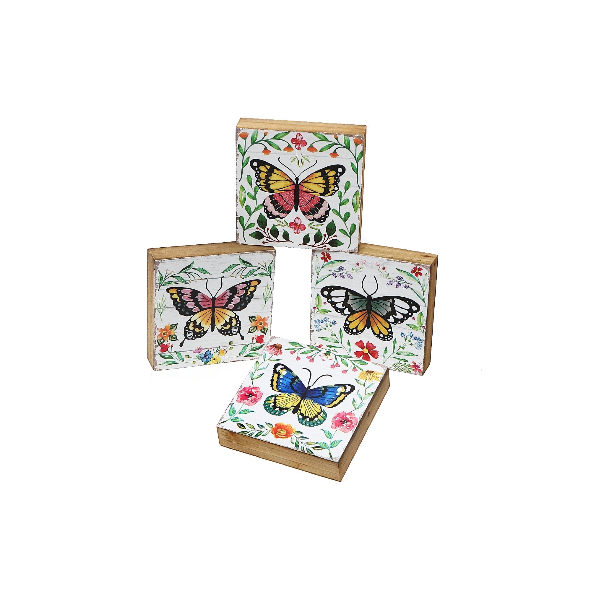Square Wood Blocks Butterfly Assorted Set Of 4, Rustic Wall Decor, Farmhouse Accent
