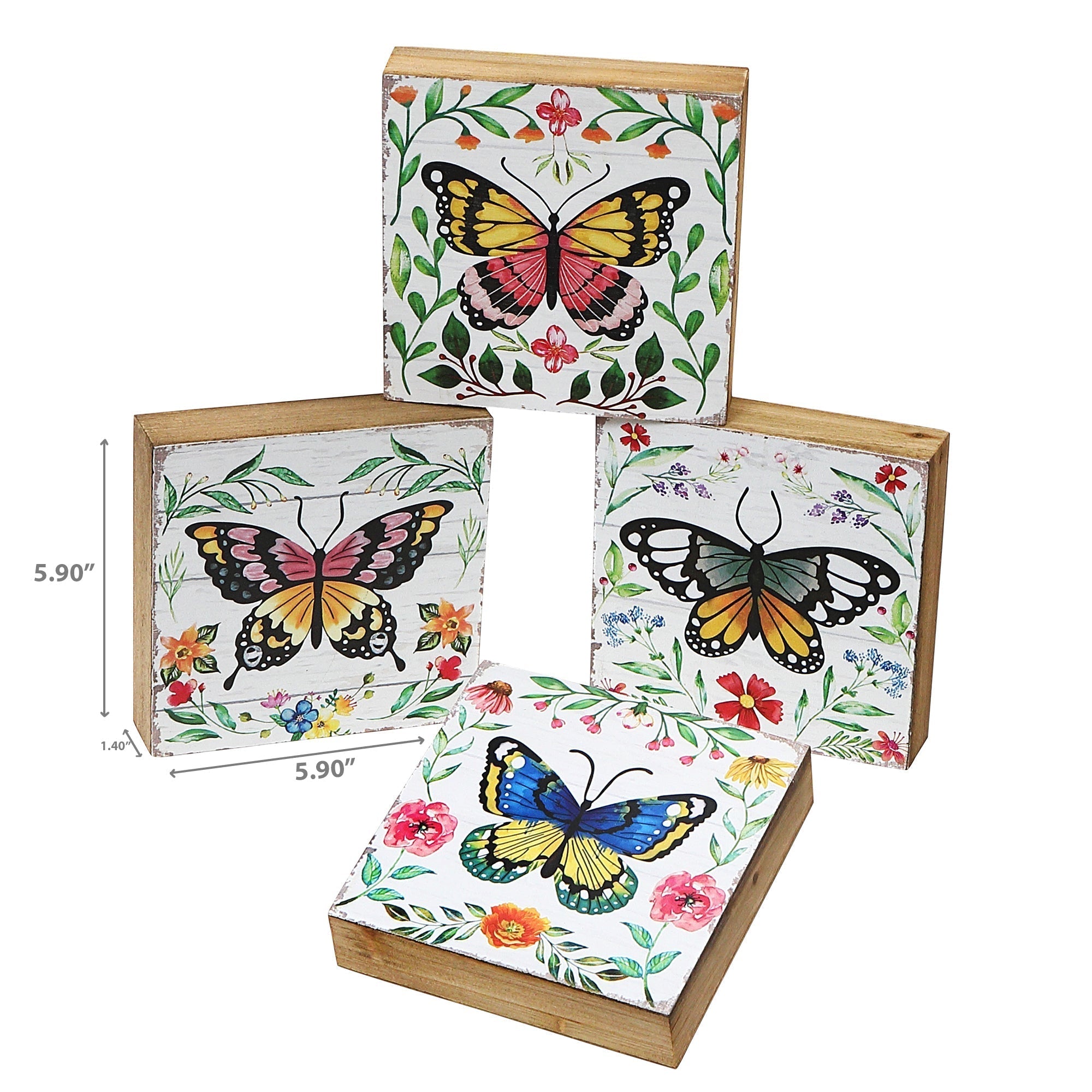 Square Wood Blocks Butterfly Assorted Set Of 4, Rustic Wall Decor, Farmhouse Accent
