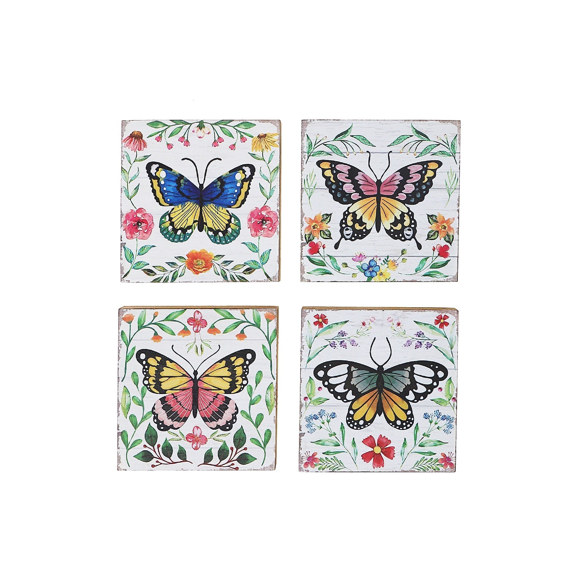 Square Wood Blocks Butterfly Assorted Set Of 4, Rustic Wall Decor, Farmhouse Accent