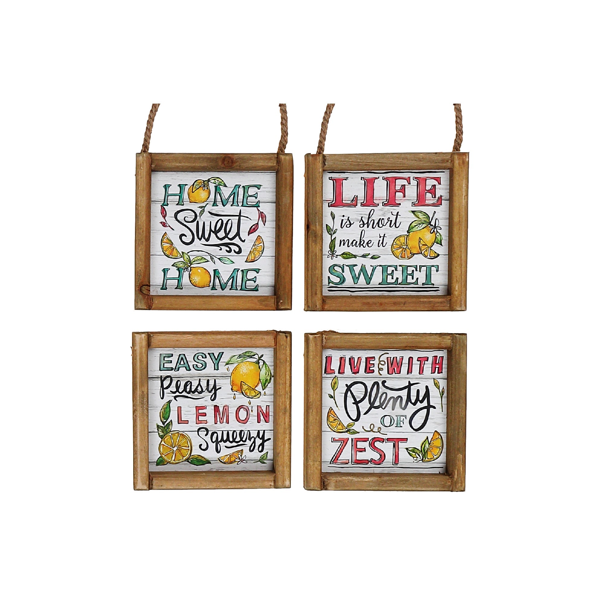 Framed Square Wood Hanger Lemon Assorted Set Of 4, Kitchen Wall Art, Decorative Home Decor