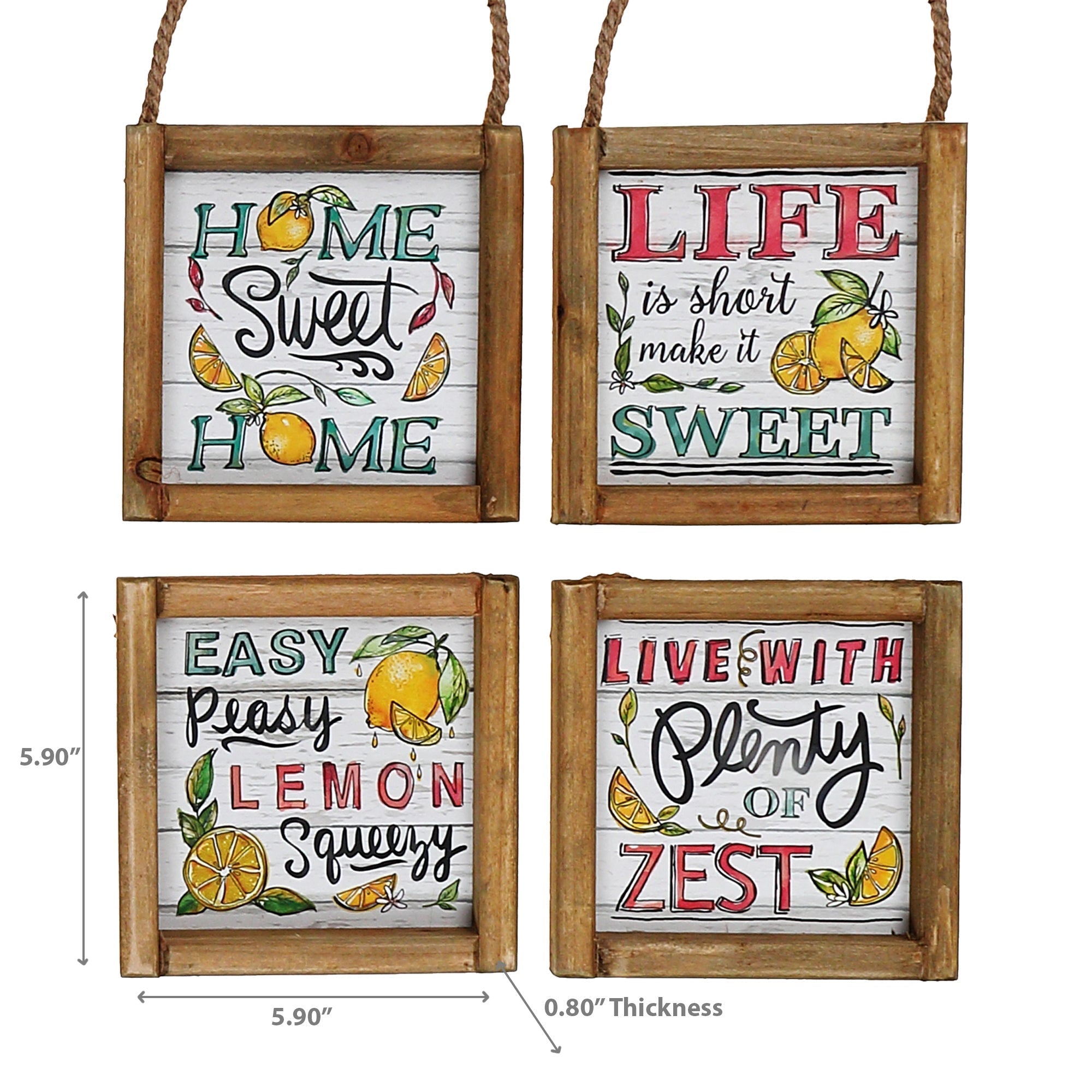 Framed Square Wood Hanger Lemon Assorted Set Of 4, Kitchen Wall Art, Decorative Home Decor