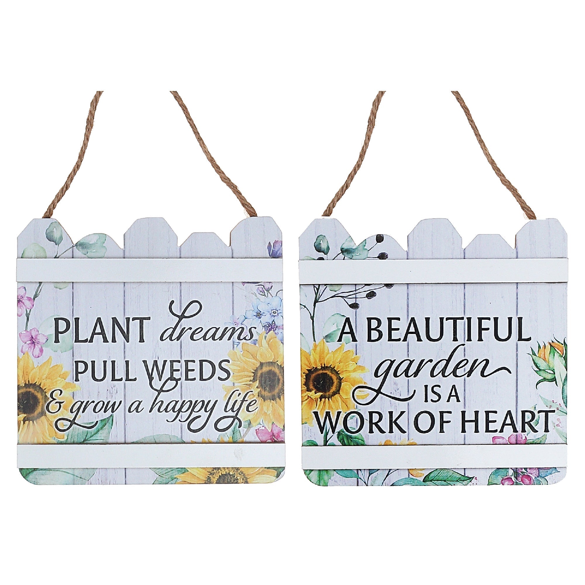 Wood Fence Shaped Floral Sign Assorted Set Of 2, Rustic Wall Decor, Farmhouse Accent