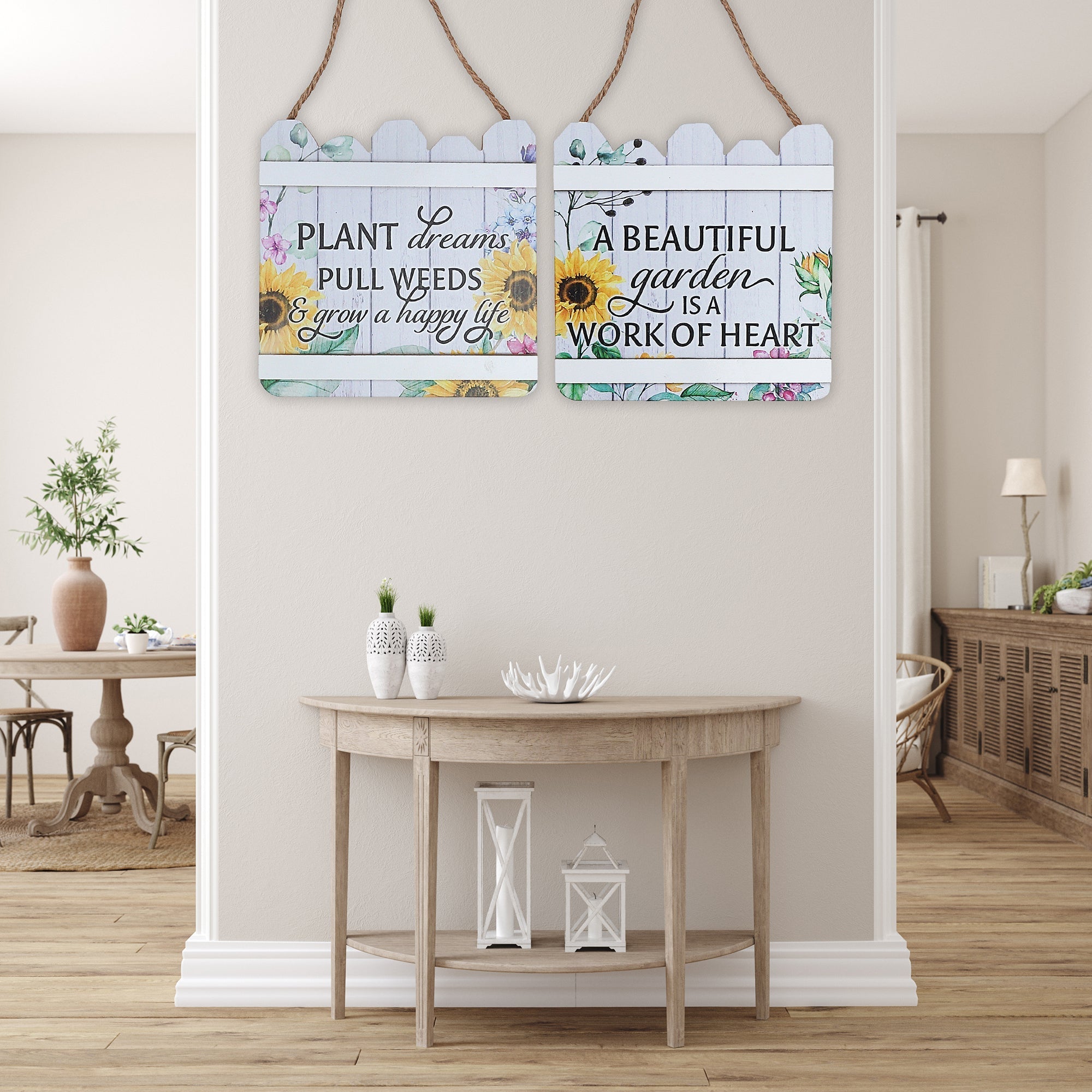 Wood Fence Shaped Floral Sign Assorted Set Of 2, Rustic Wall Decor, Farmhouse Accent