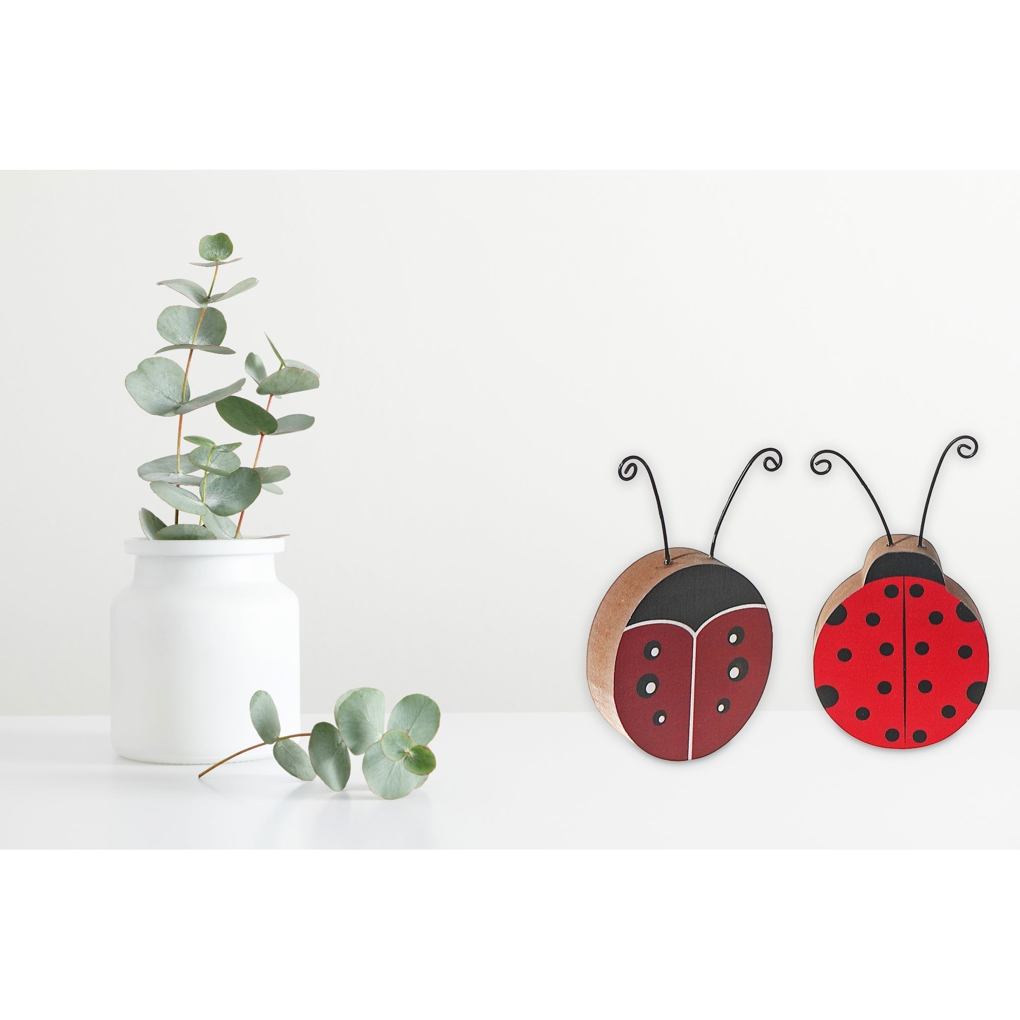 Wooden Ladybug Figurine Assorted Set Of 2, Garden Table Decor, Home Accent