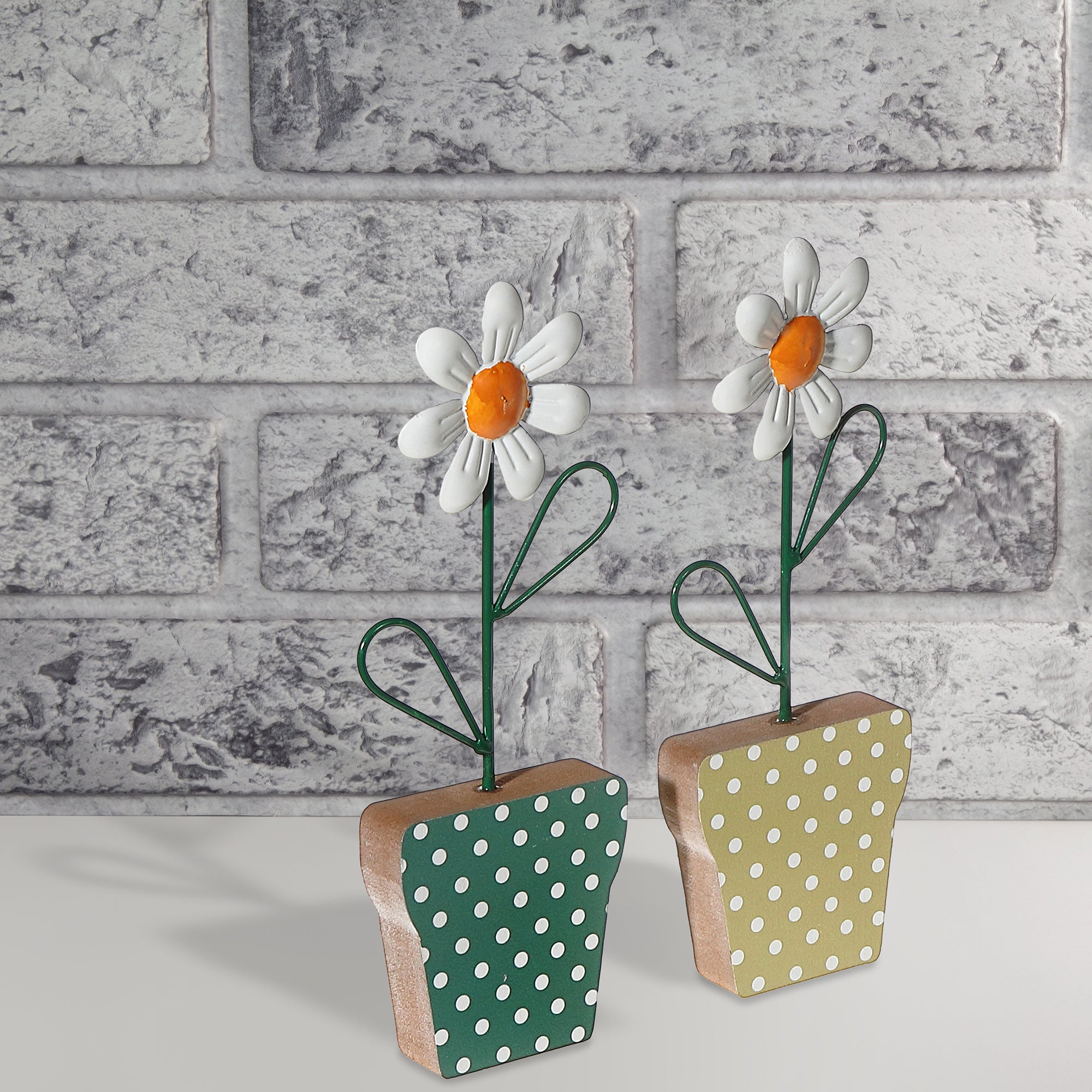 Galvanized Daisy On Wood Stand Assorted Set Of 2, Rustic Table Decor, Farmhouse Accent