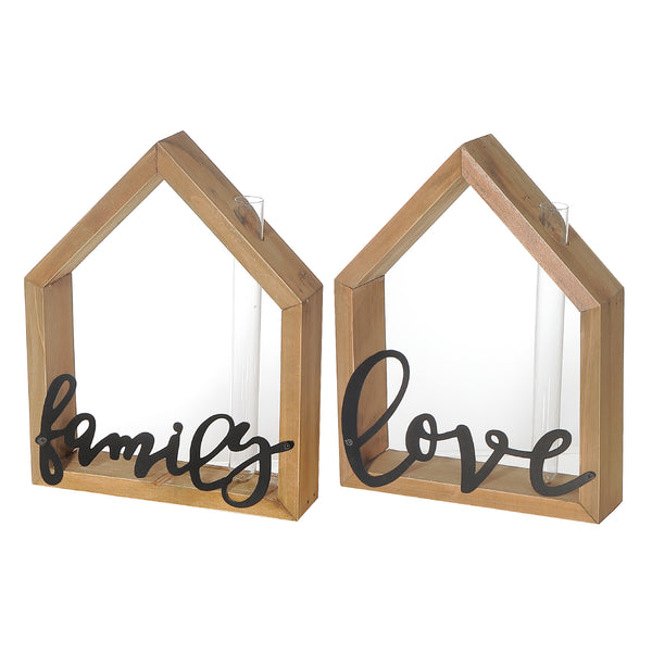 Wood House Shape & Tube Bottle With Metal Love & Home - Set of 2