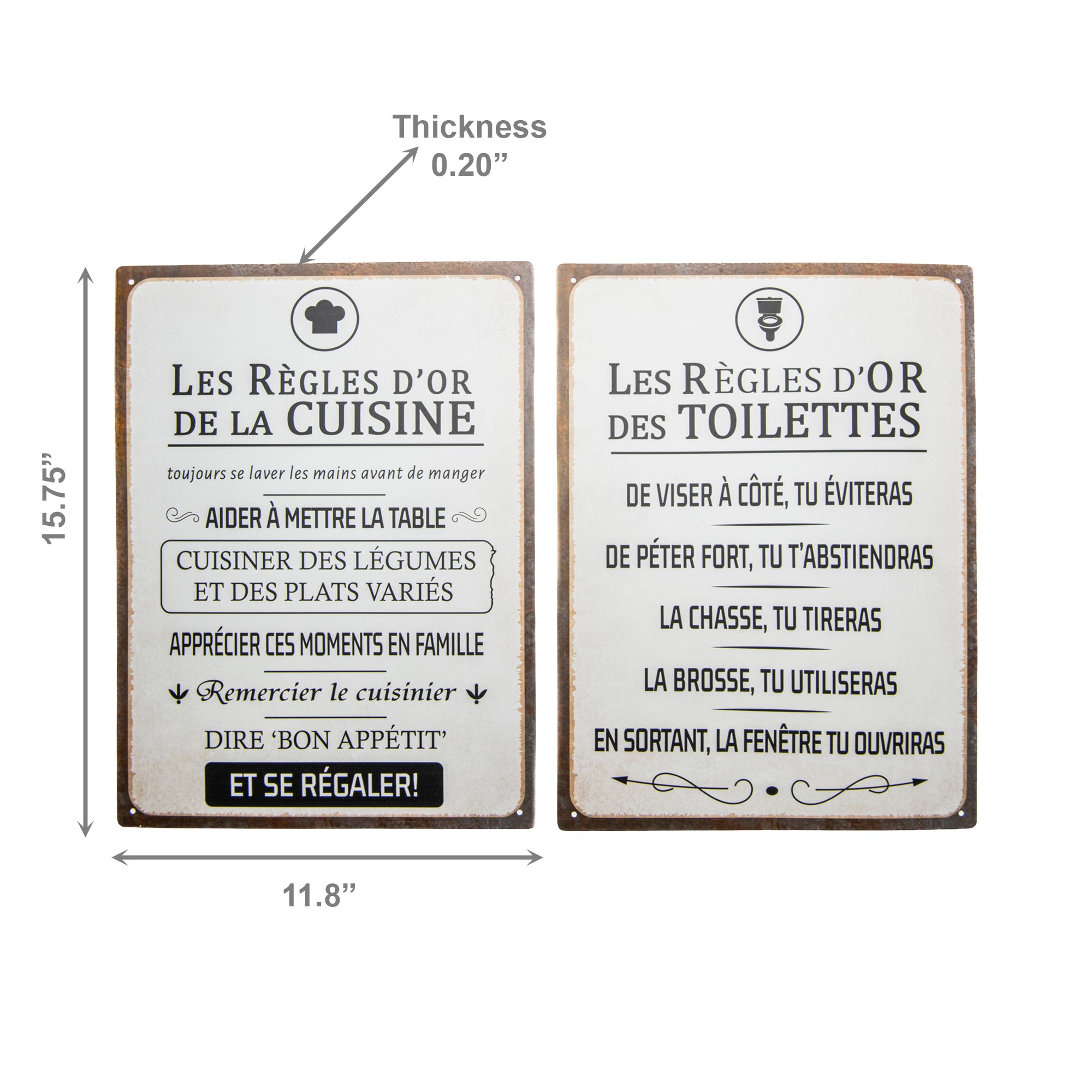 Assorted Metal Wall Signs “Kitchen/Bathroom Rules” in French - Set of 2