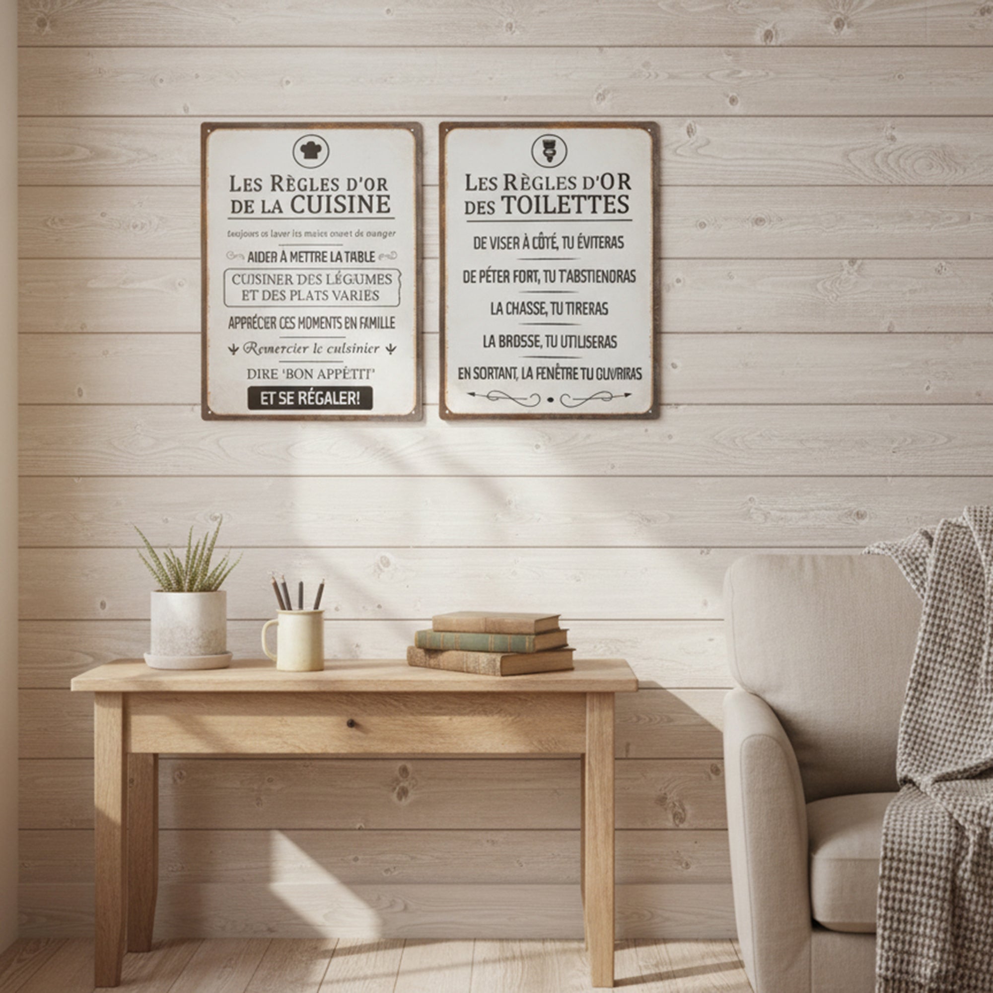 Assorted Metal Wall Signs “Kitchen/Bathroom Rules” in French - Set of 2