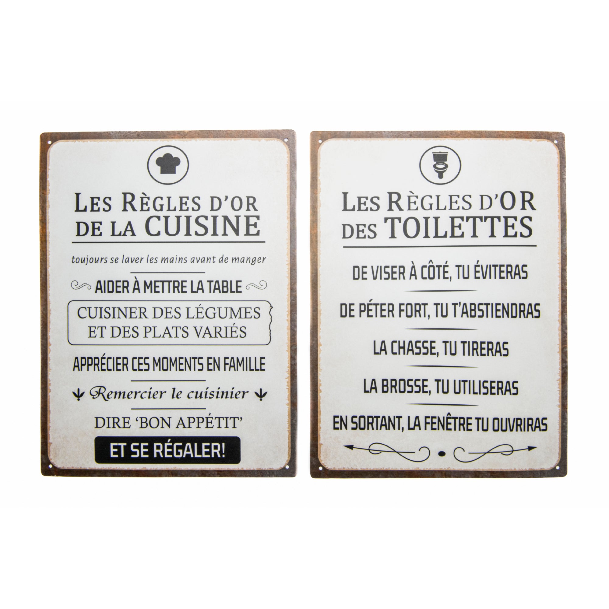 Assorted Metal Wall Signs “Kitchen/Bathroom Rules” in French - Set of 2