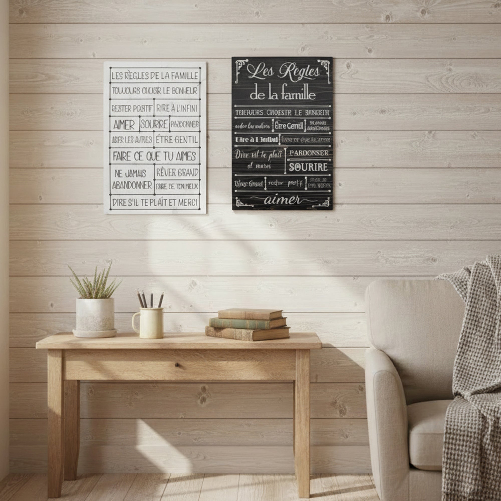 Assorted MDF Wall Signs “Family Rules” in French - Set of 2