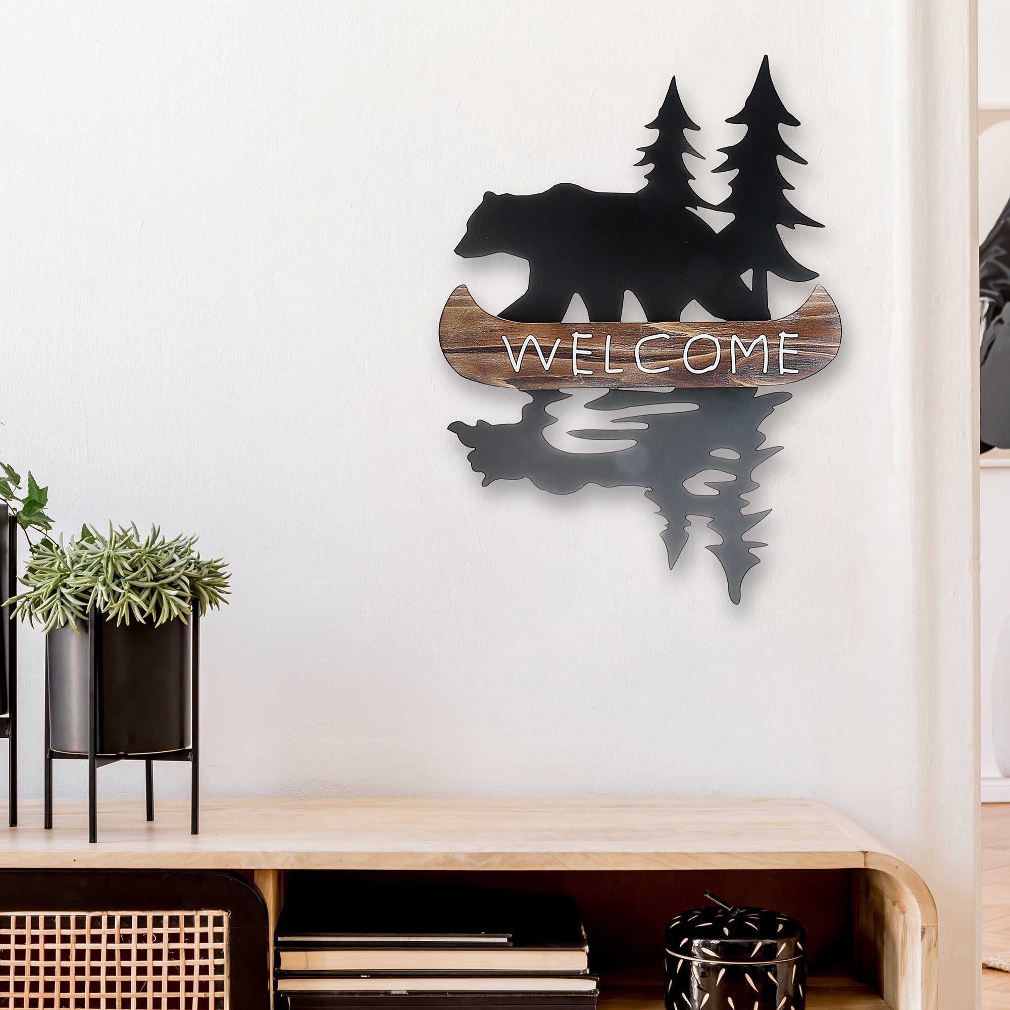 Metal Bear With Wood Welcome Canoe Wall Sign, Metal Bear Welcome Wall Sign With Wood Canoe, Rustic Cabin Decor