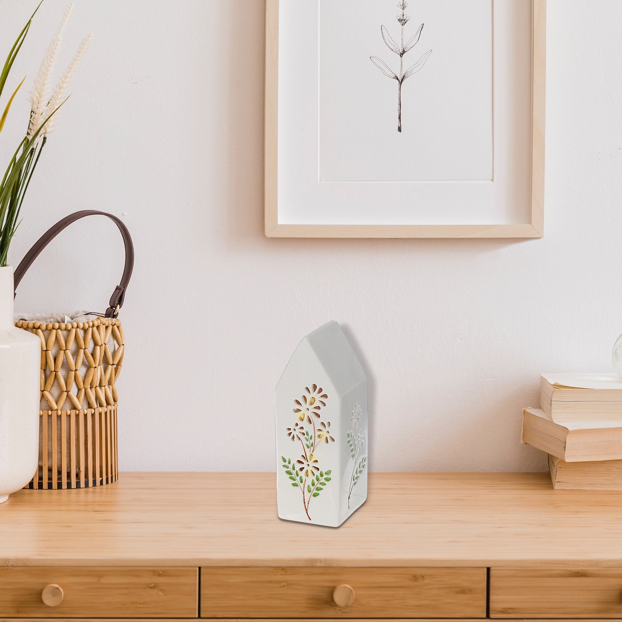 LED Ceramic Floral Tall House, Decorative Tabletop Light, Home Accent Lighting, Cozy Interior Decor