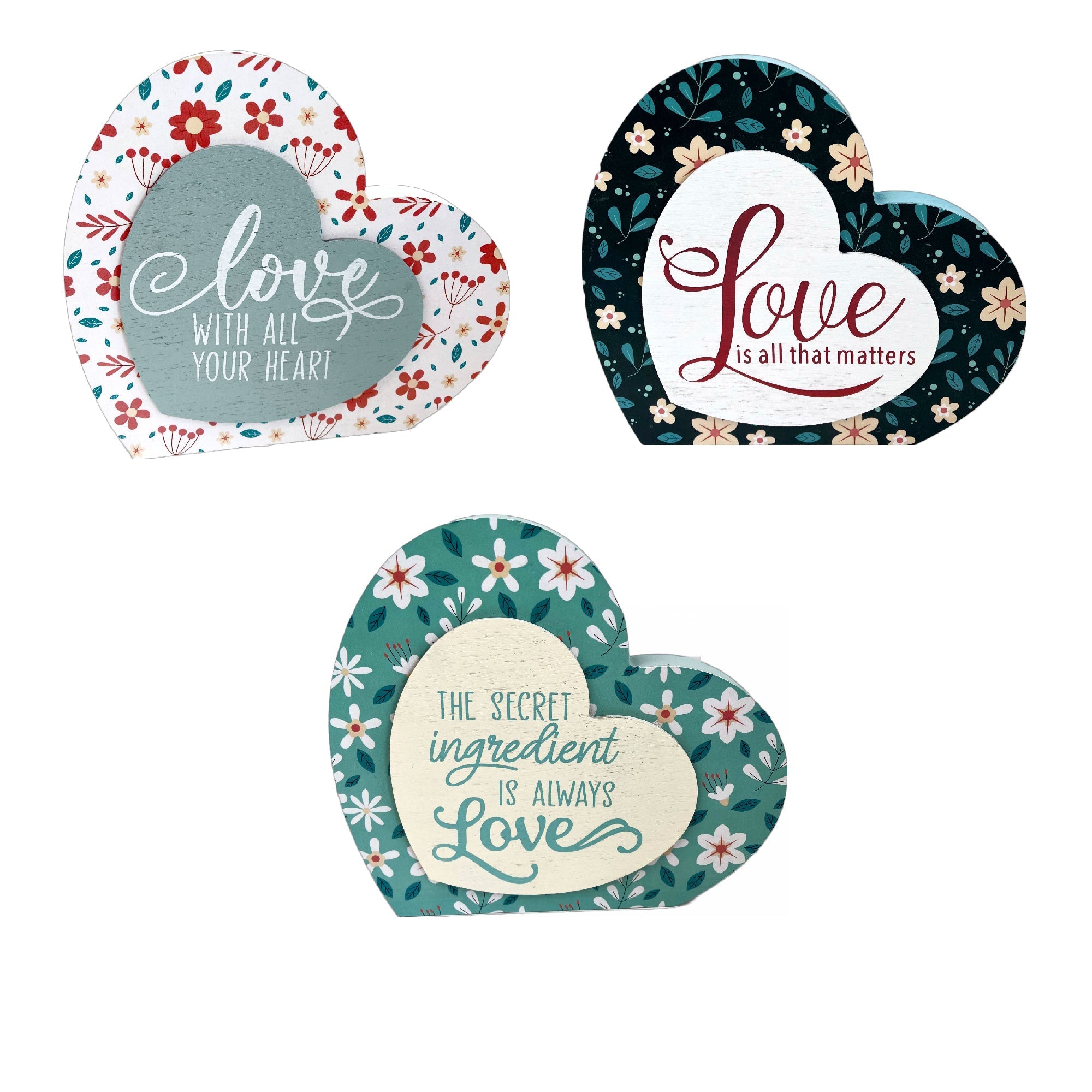 Heart Shaped Love Block Sign Assorted Set Of 3, Romantic Wall Decor, Home Accent
