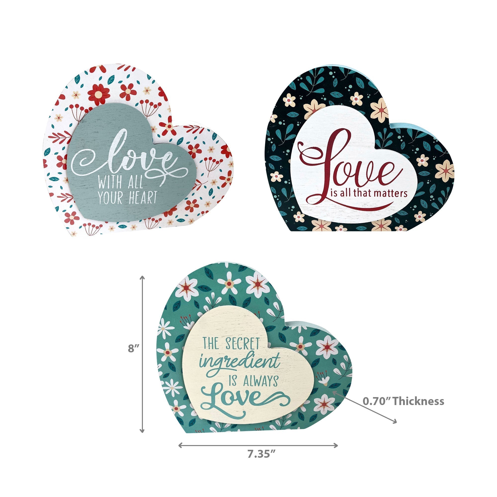 Heart Shaped Love Block Sign Assorted Set Of 3, Romantic Wall Decor, Home Accent