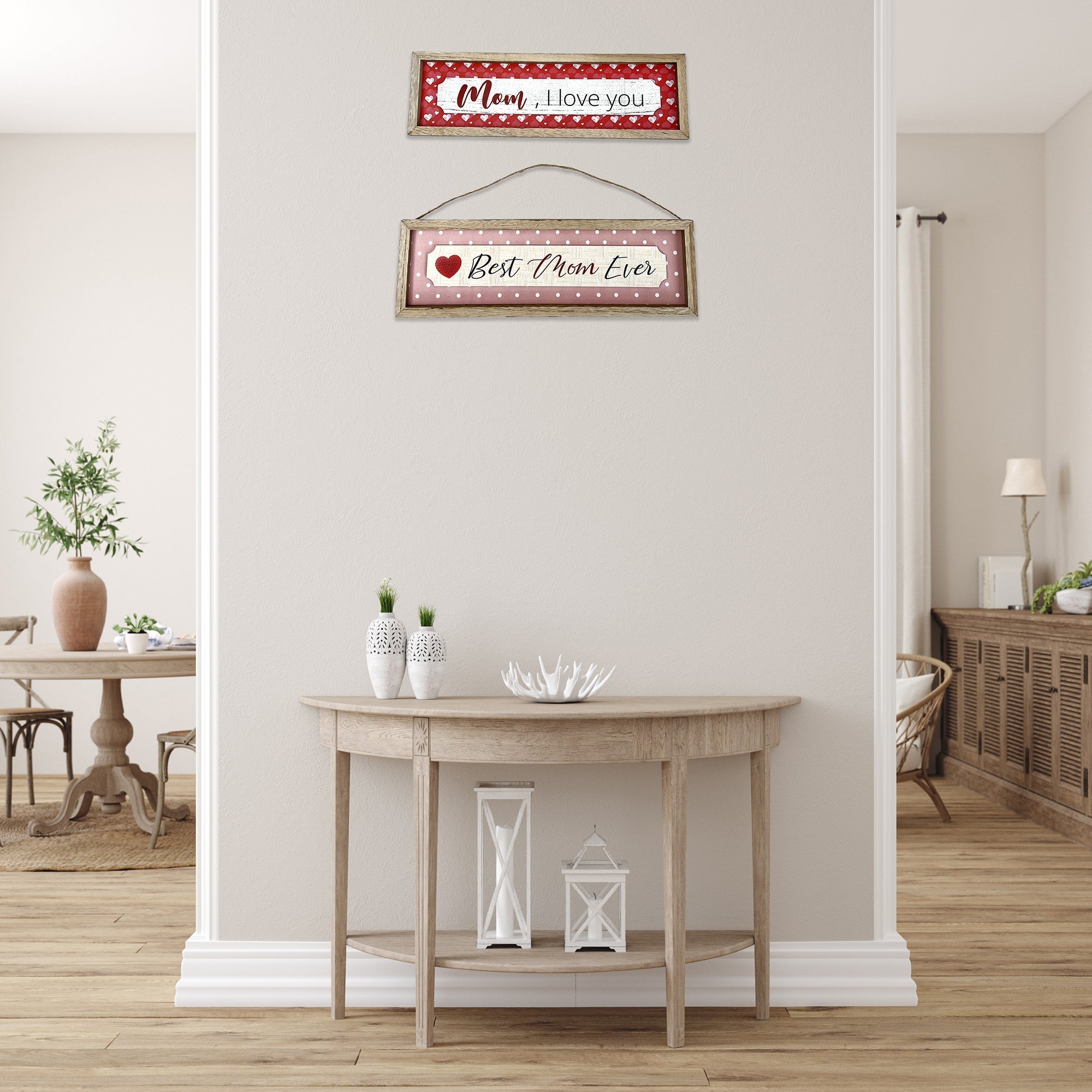 Framed Wooden "Mom" Hangers Assorted Set Of 2, Inspirational Wall Decor, Family Accent