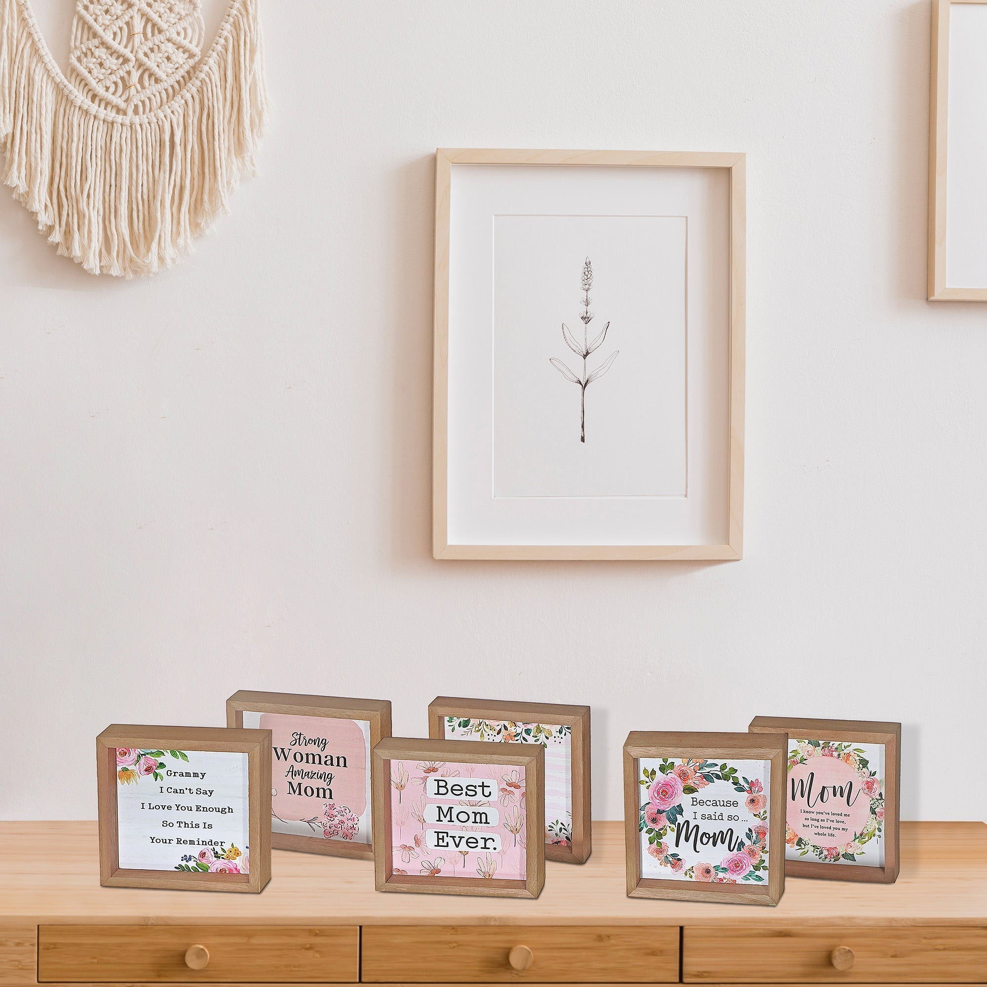 Framed Square Wood Block Mom Grandma Daughter Set Of 6, Family Gift Wall Decor