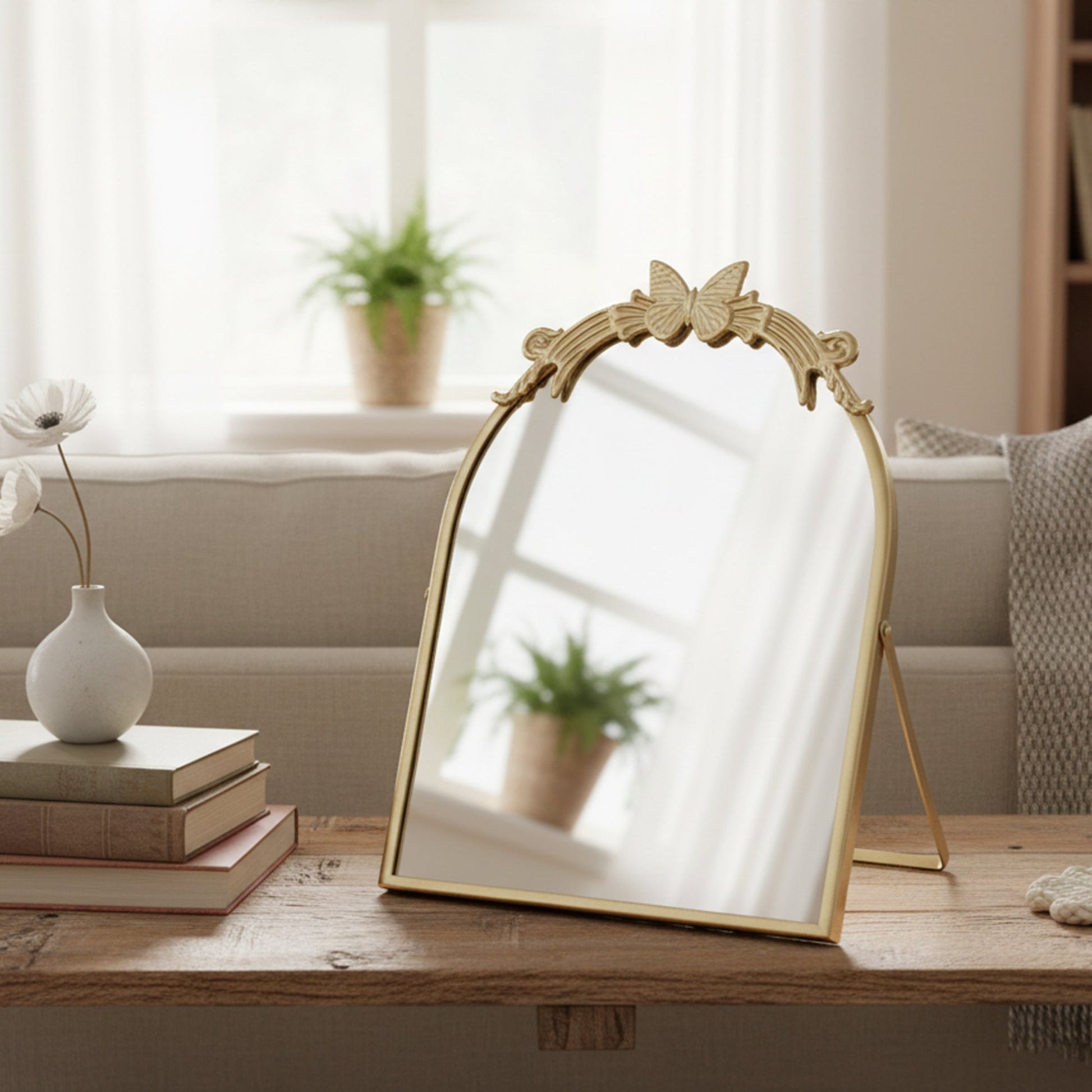 Metal Arch Table Mirror with Butterfly Design