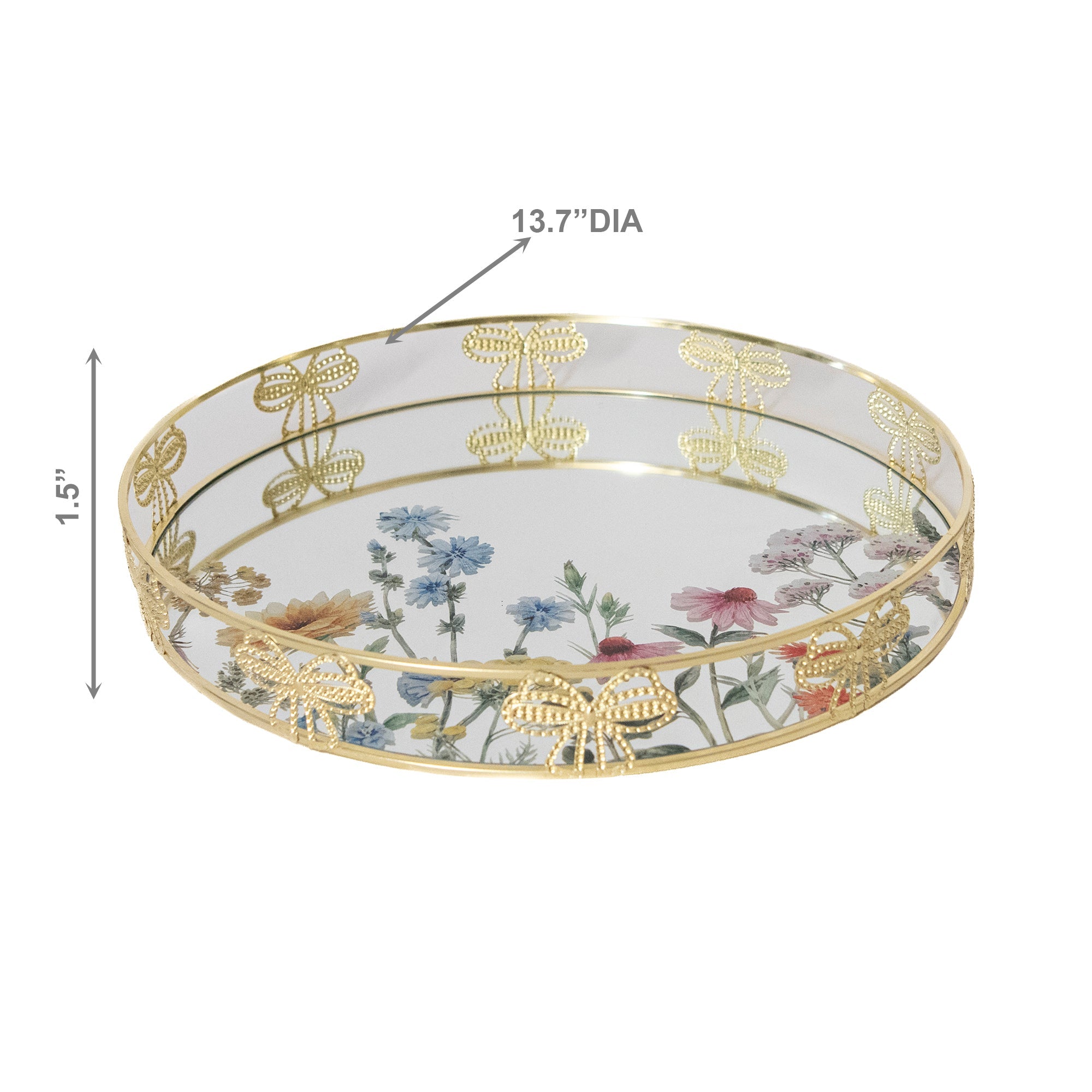 Round Printed Glass Tray with Metal Bow Frame