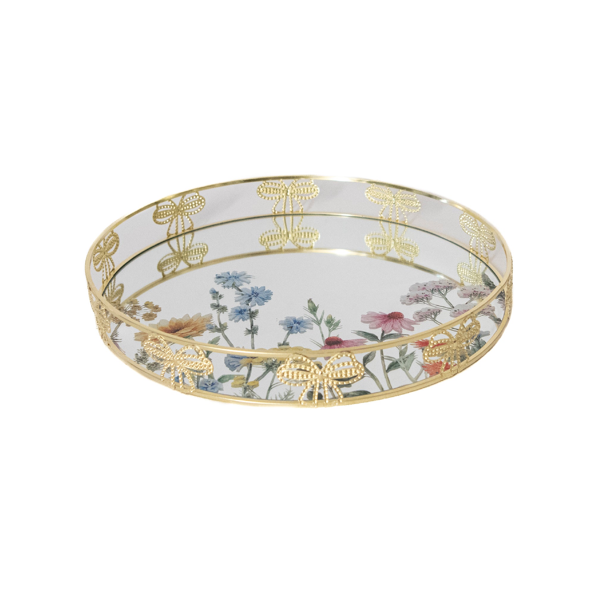 Round Printed Glass Tray with Metal Bow Frame