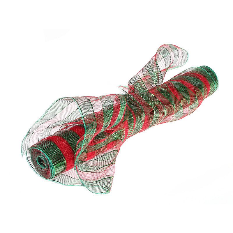Mesh Ribbon – Red & Green Stripes, 21"x10Y, Festive Craft Ribbon, Set of 2