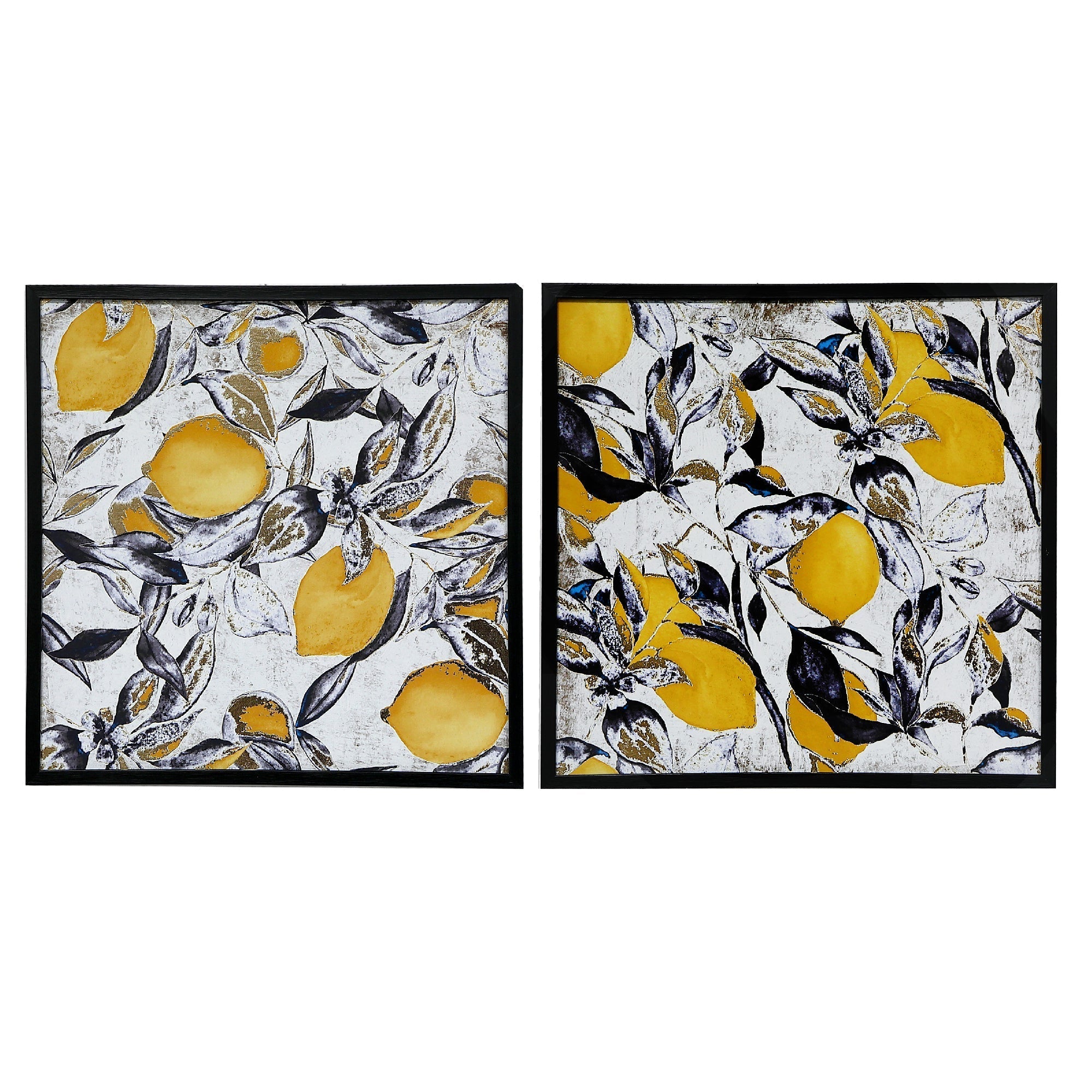 Framed Foil Print Canvas Wall Art Lemon Leaves Set Of 2, Modern Kitchen Wall Decor