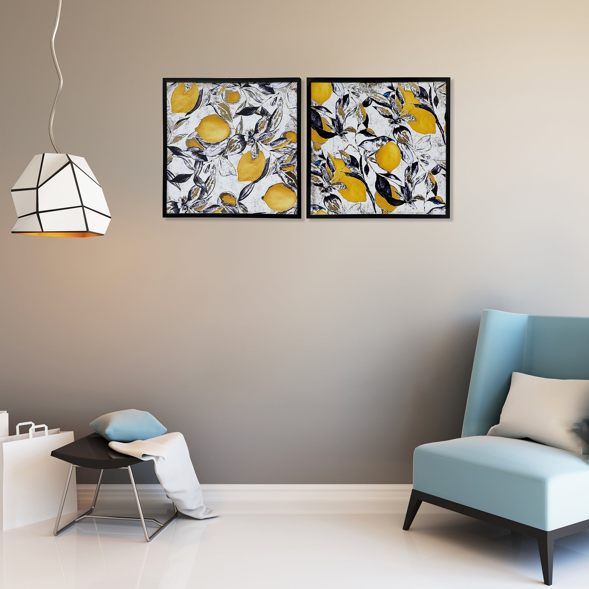 Framed Foil Print Canvas Wall Art Lemon Leaves Set Of 2, Modern Kitchen Wall Decor