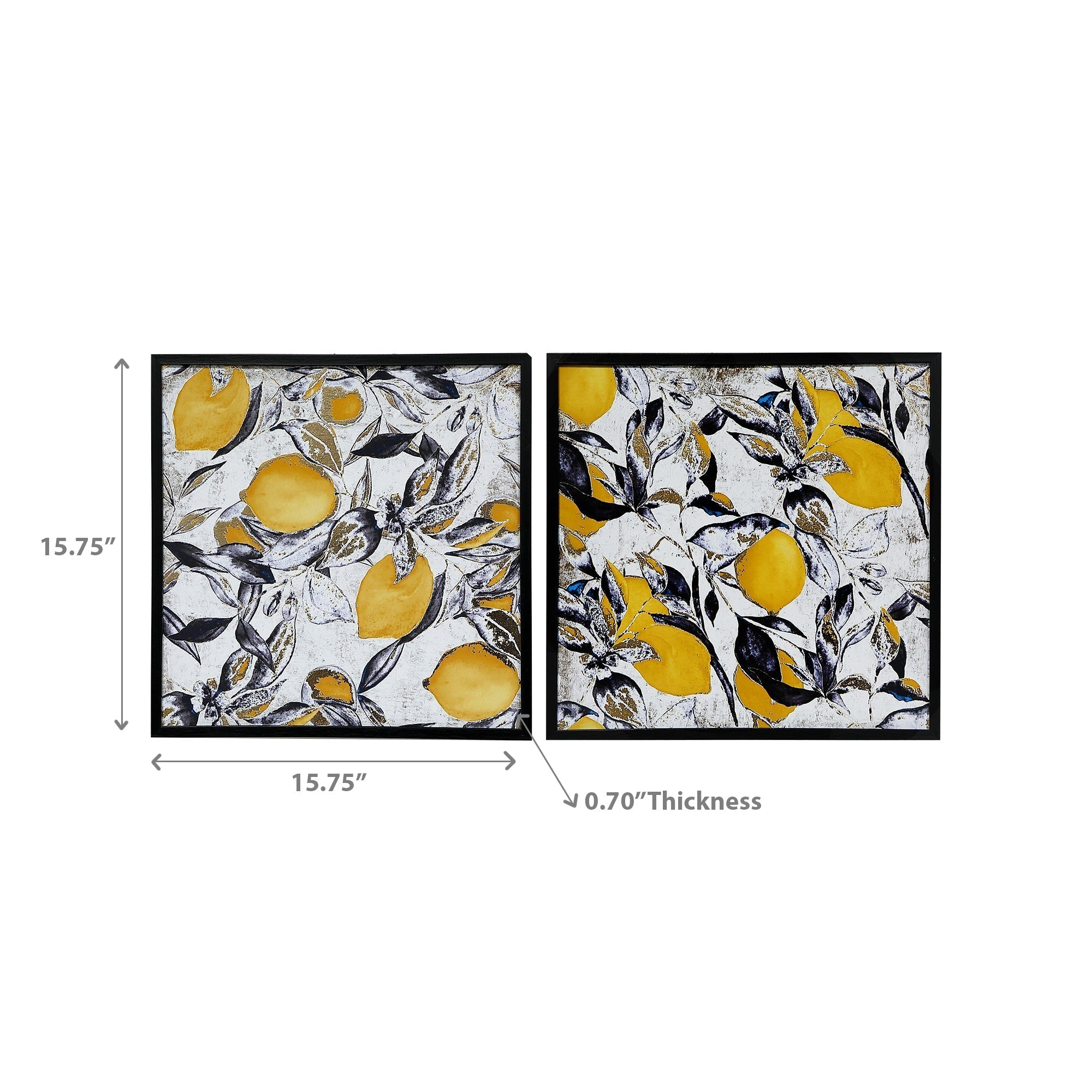 Framed Foil Print Canvas Wall Art Lemon Leaves - Set of 2