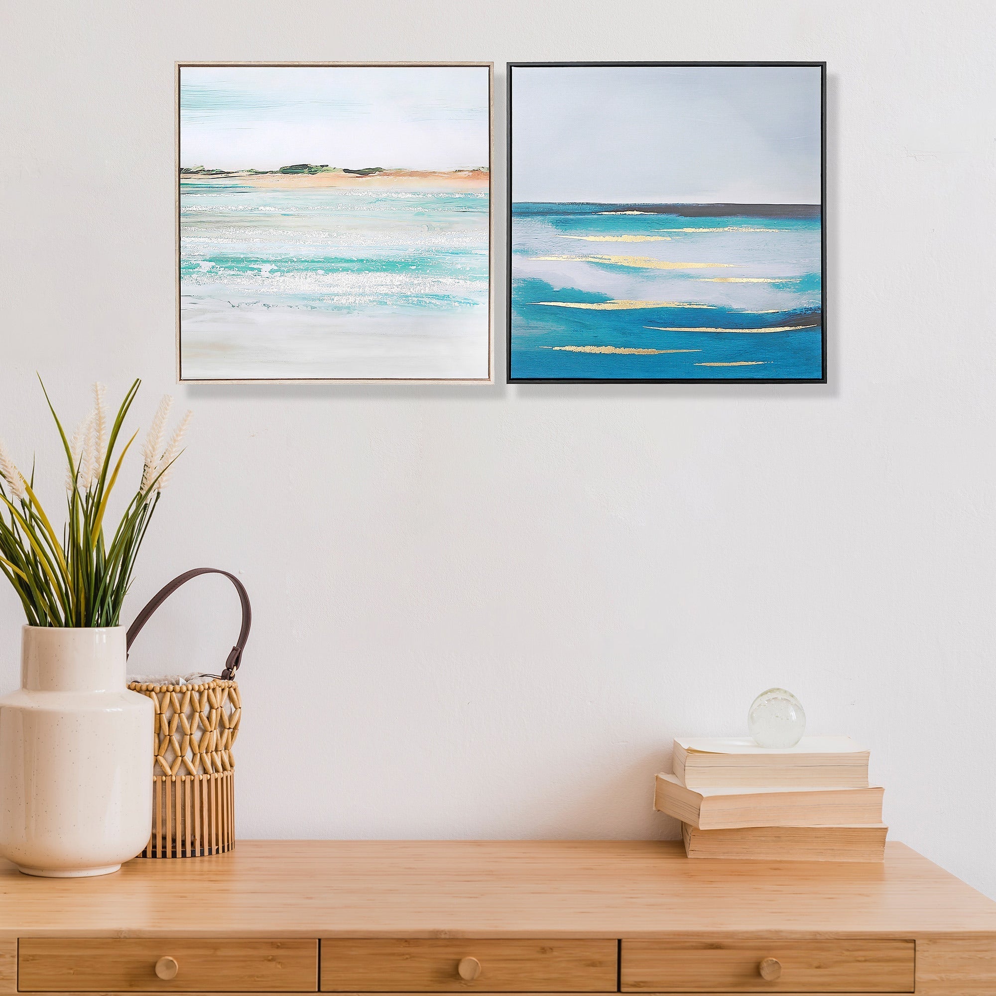 Framed Canvas Ocean Wall Art Set Of 2, Coastal Beach Wall Decor