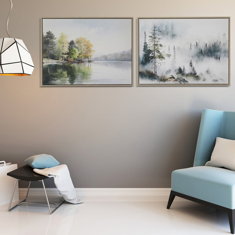 Framed Canvas Wall Art Misty Forest/Forest Lake Assorted - Set of 2