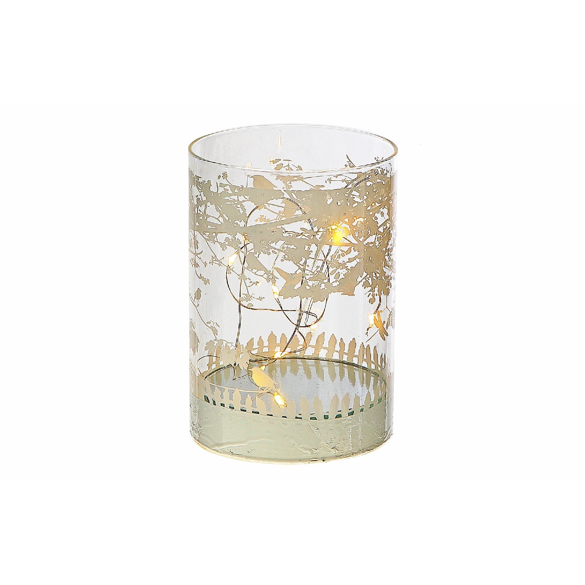 Cylinder LED Glass Decor Birds On Tree 5 Inch, Lighted Home Accent, Decorative Lantern