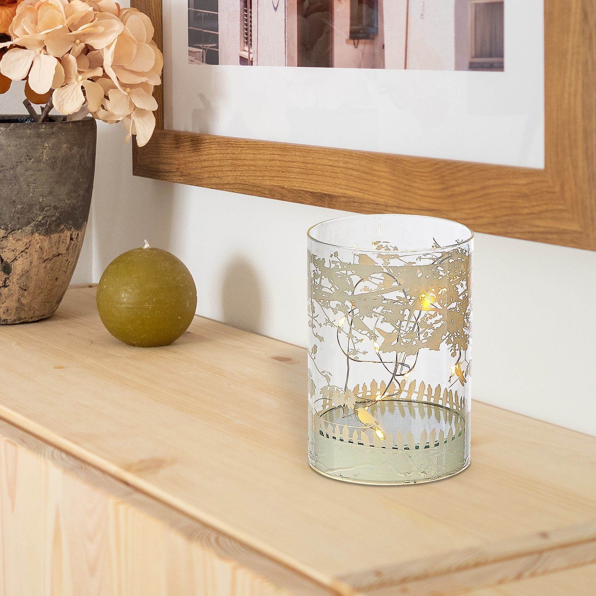 Cylinder LED Glass Decor Birds On Tree 5 Inch, Lighted Home Accent, Decorative Lantern