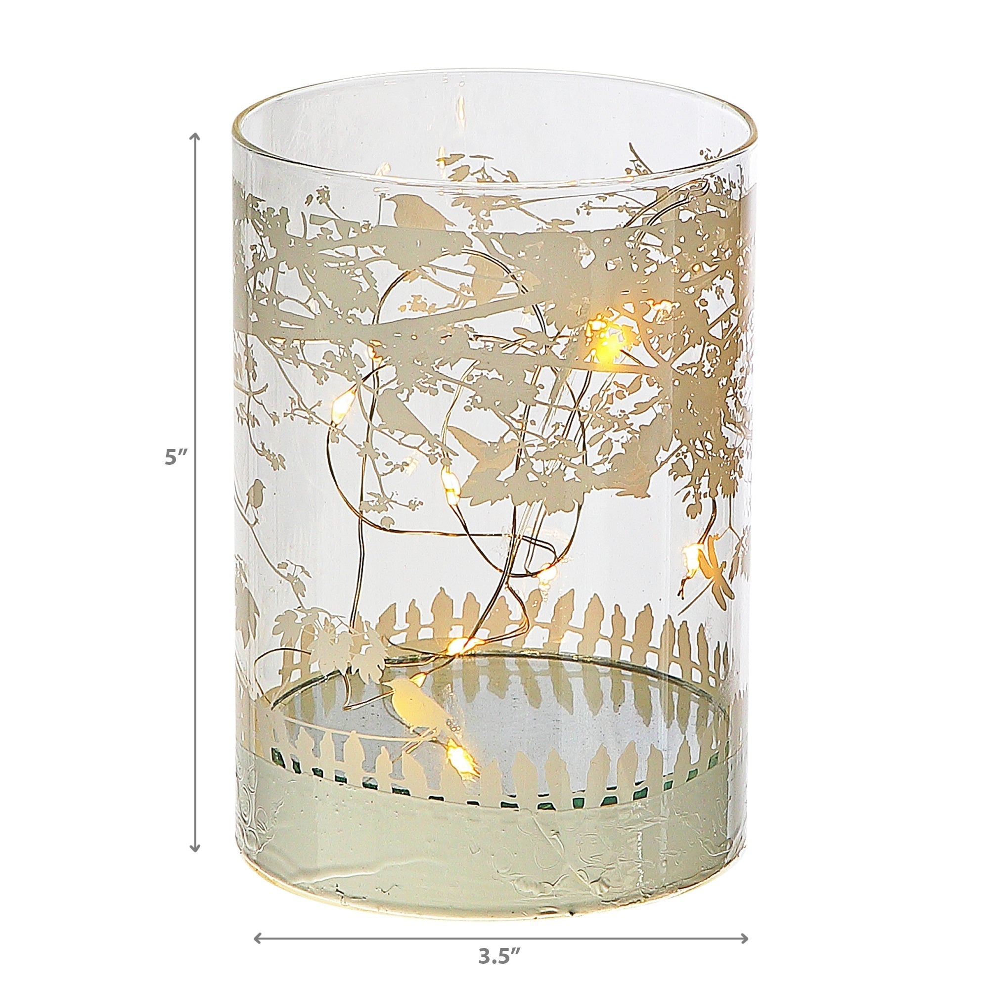 Cylinder LED Glass Decor Birds On Tree 5 Inch, Lighted Home Accent, Decorative Lantern