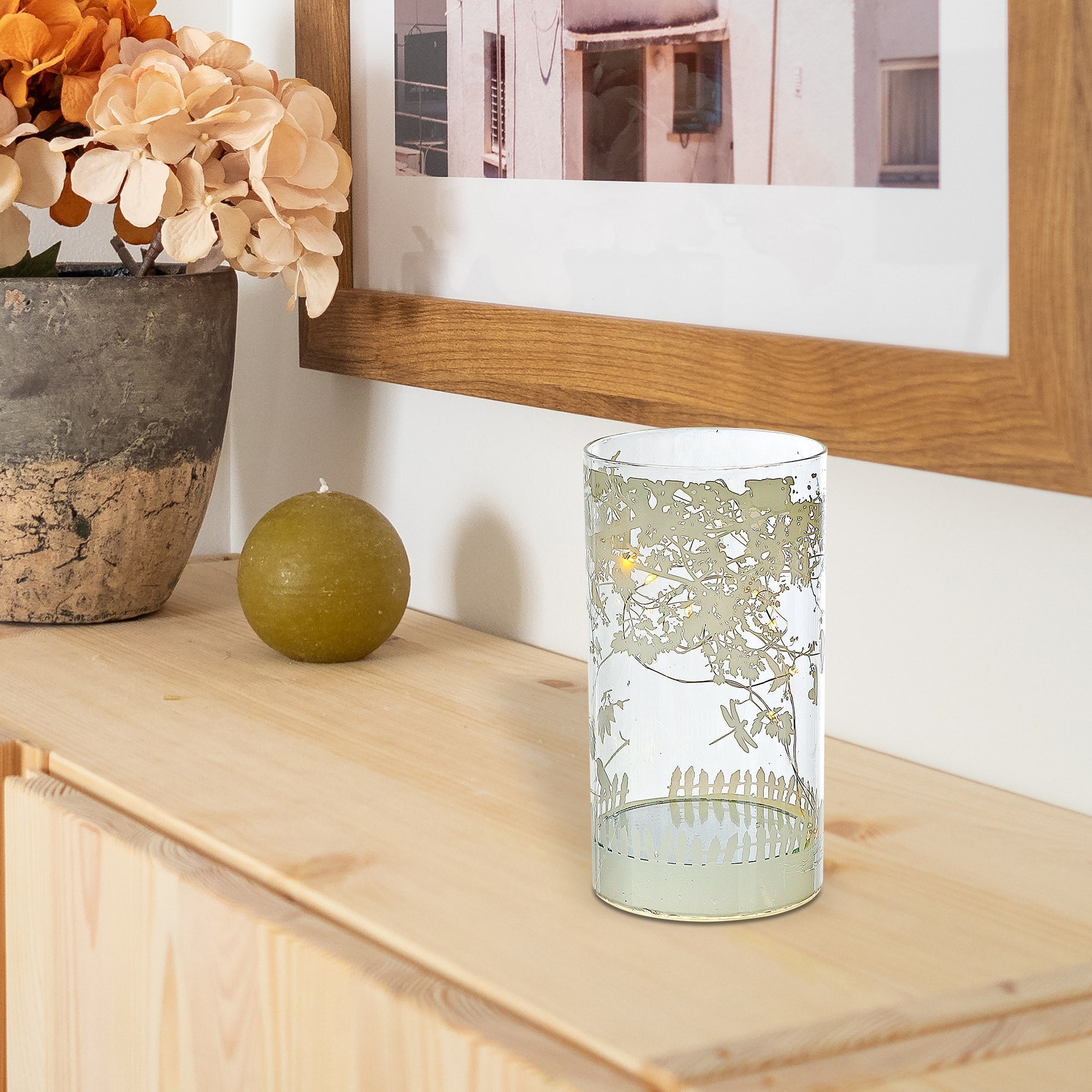 Cylinder LED Glass Decor Birds On Tree 6.75 Inch, Lighted Home Accent, Decorative Lantern