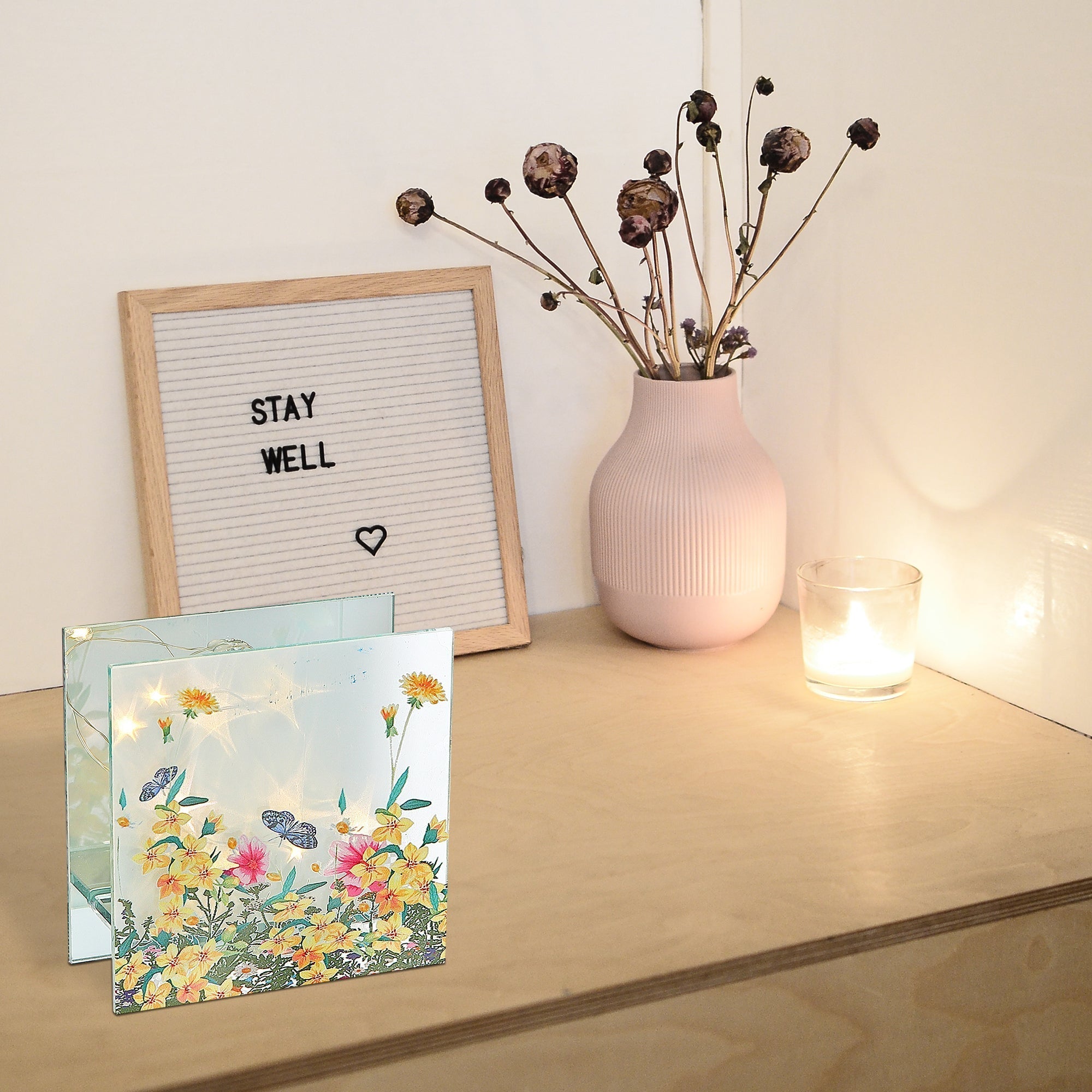 Square LED Painted Glass Decor Floral Garden, Home Accent, Lighted Decor