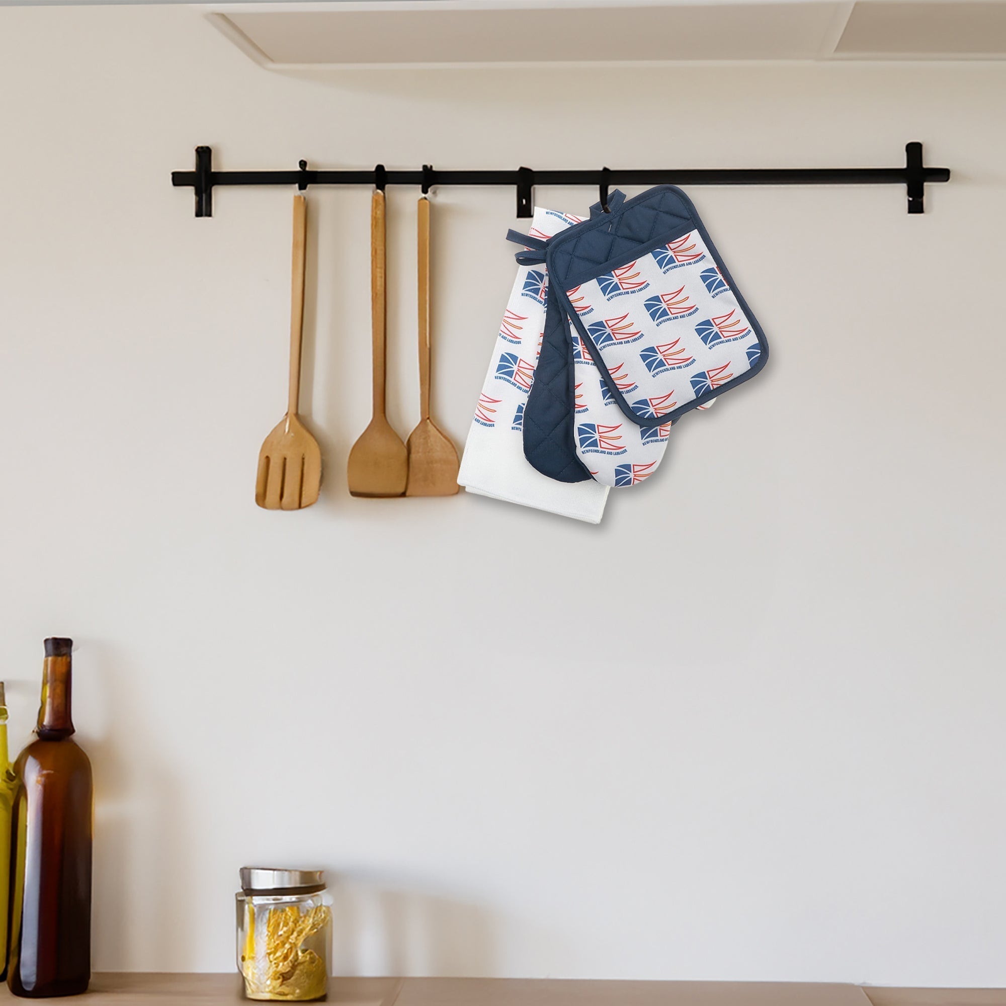 4 Piece Kitchen Set Newfoundland Waving Flag, Dish Towel, Oven Mitt, Pot Holder, Coastal Kitchen Decor