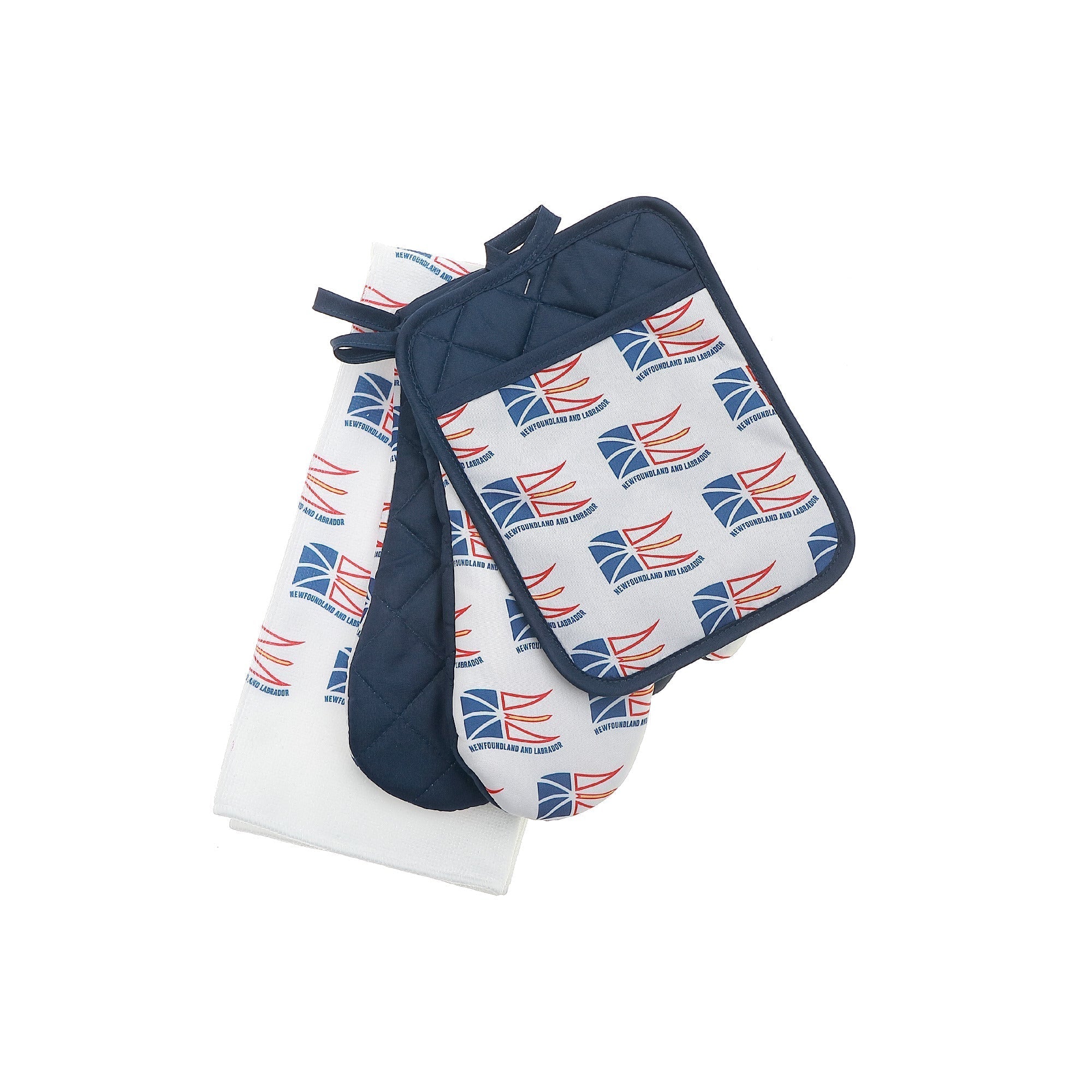 4 Piece Kitchen Set Newfoundland Waving Flag, Dish Towel, Oven Mitt, Pot Holder, Coastal Kitchen Decor