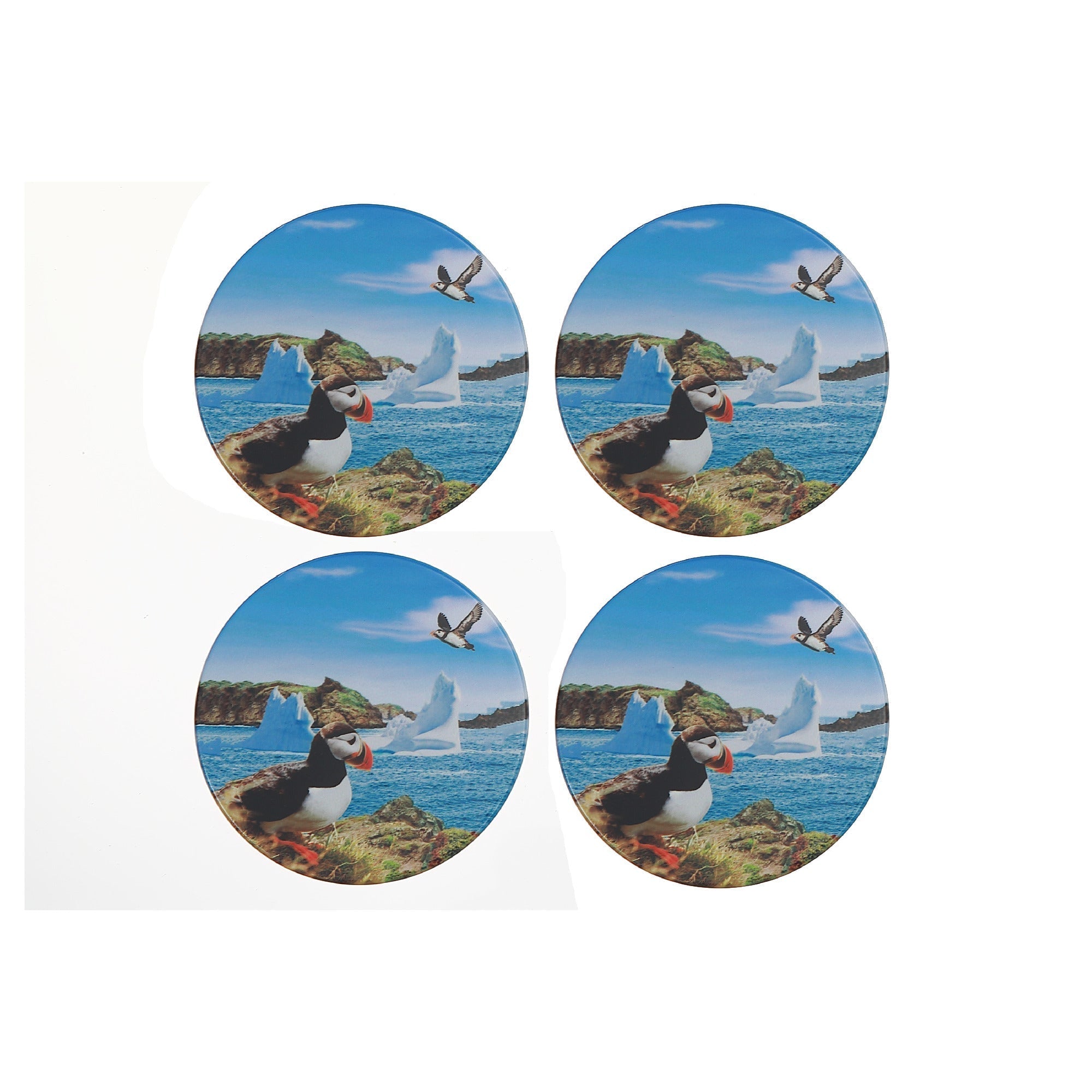 4 Pc Round Ceramic Coasters Puffin, Puffin Ceramic Coaster Set Of 4, Round Drink Coasters, Coastal Table Protection