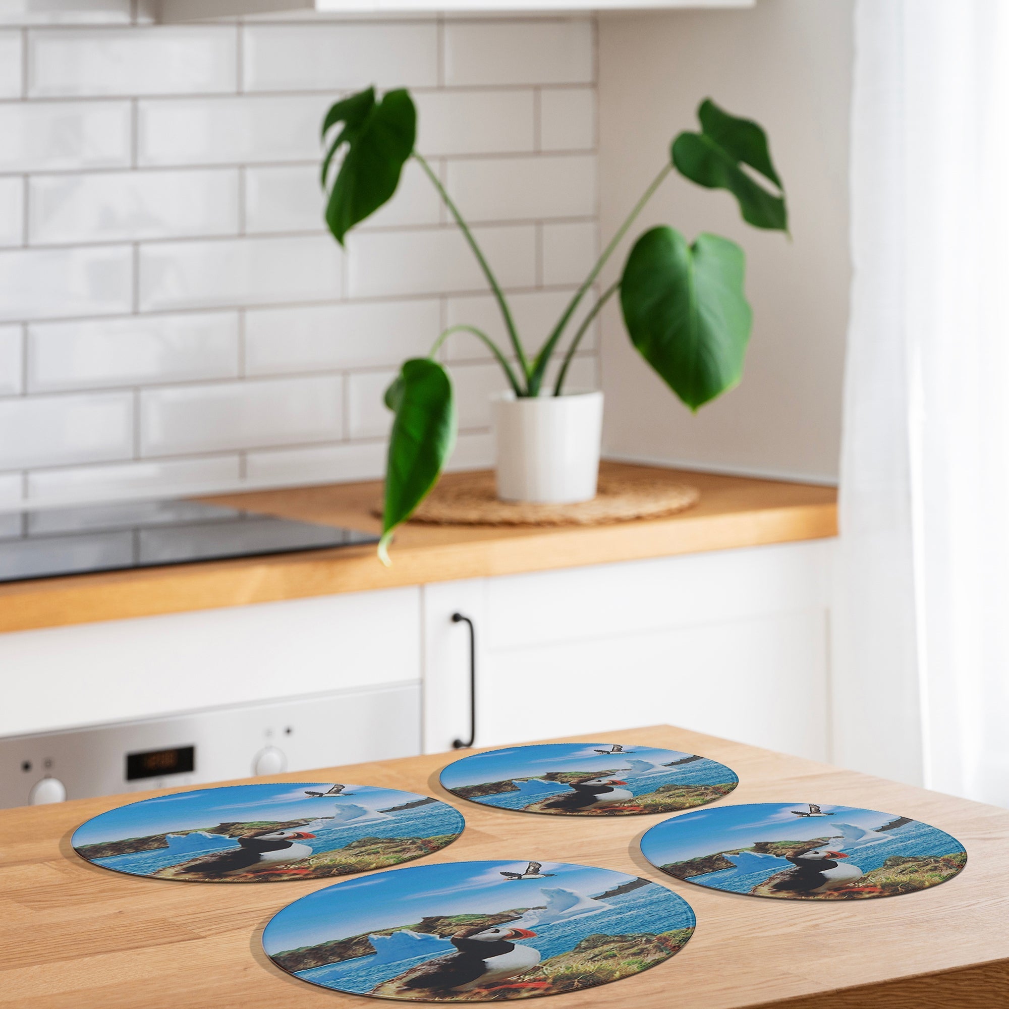 4 Pc Round Ceramic Coasters Puffin, Puffin Ceramic Coaster Set Of 4, Round Drink Coasters, Coastal Table Protection