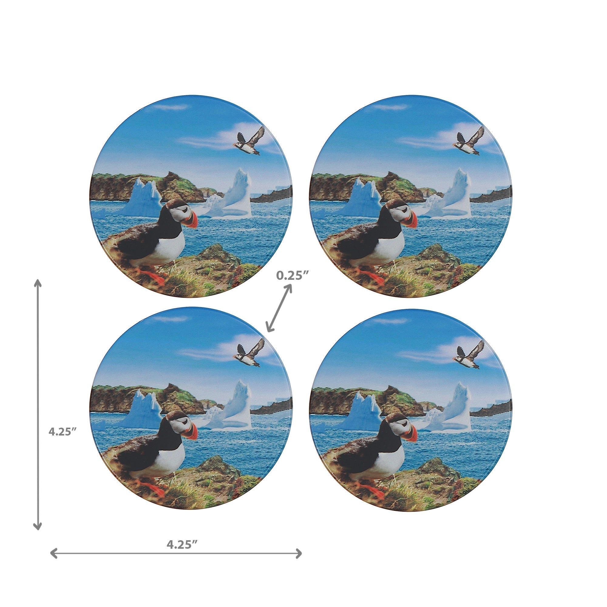 4 Pc Round Ceramic Coasters Puffin, Puffin Ceramic Coaster Set Of 4, Round Drink Coasters, Coastal Table Protection