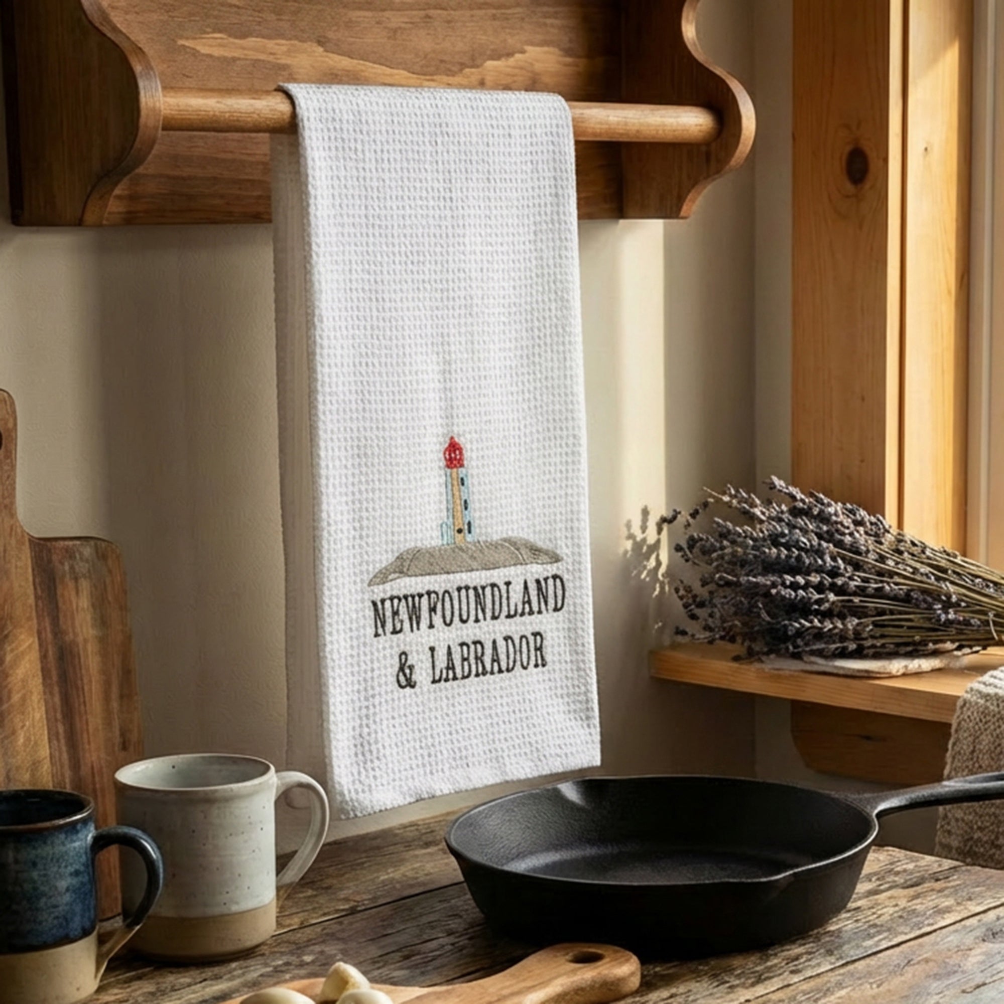 White Waffle Kitchen Towel with Embroidered Lighthouse - Set of 6