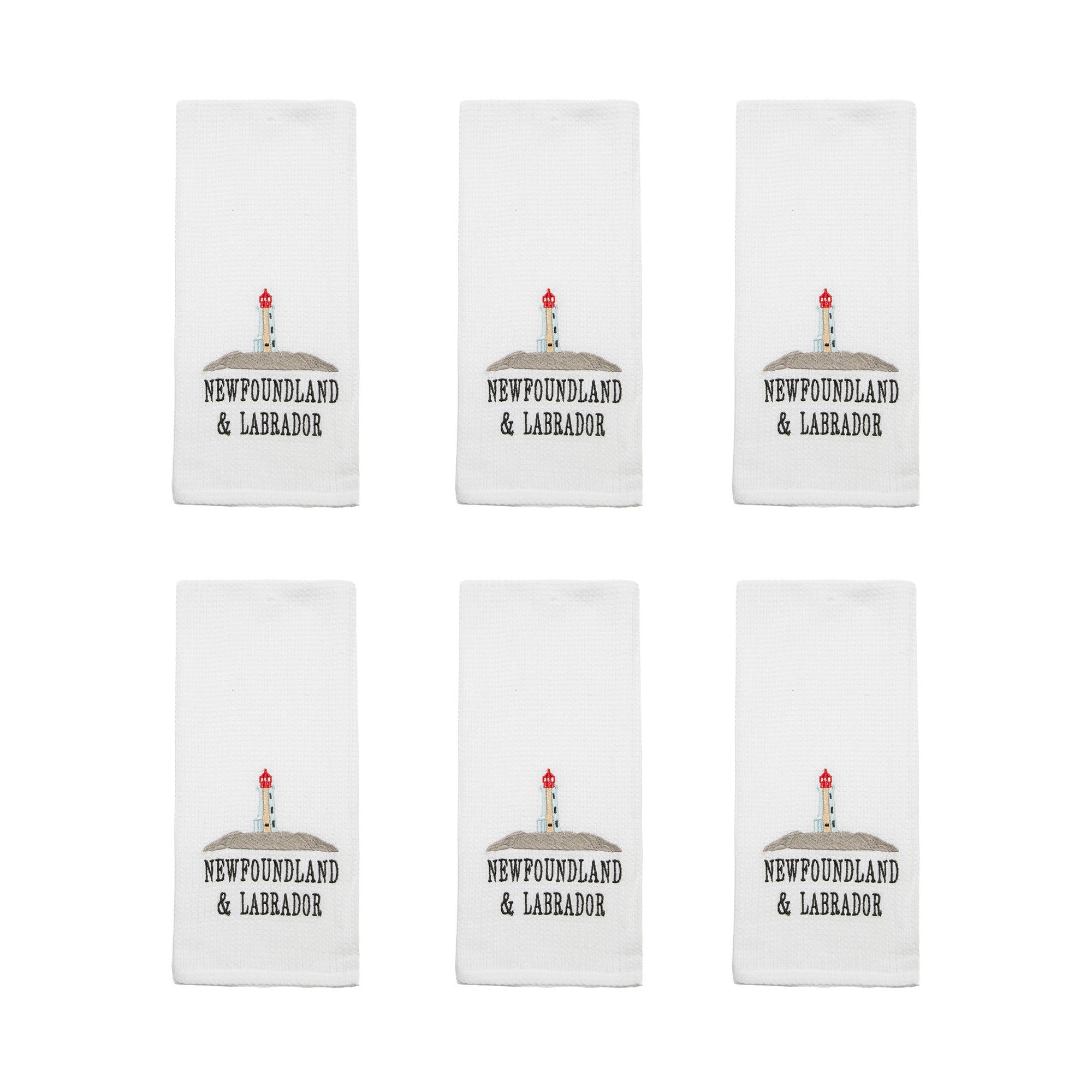 White Waffle Kitchen Towel with Embroidered Lighthouse - Set of 6