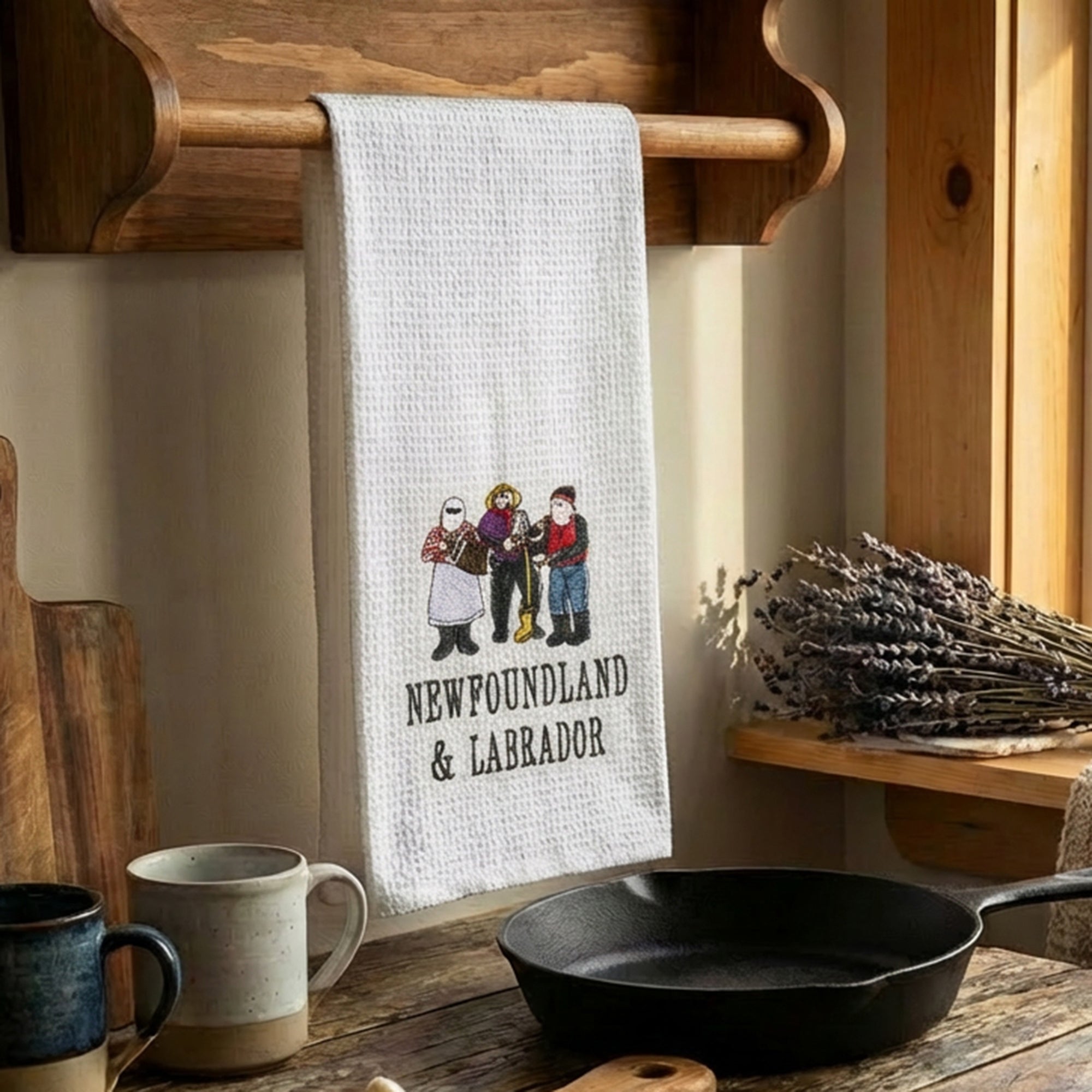 White Waffle Kitchen Towel with Embroidered Mummer Design - Set of 6