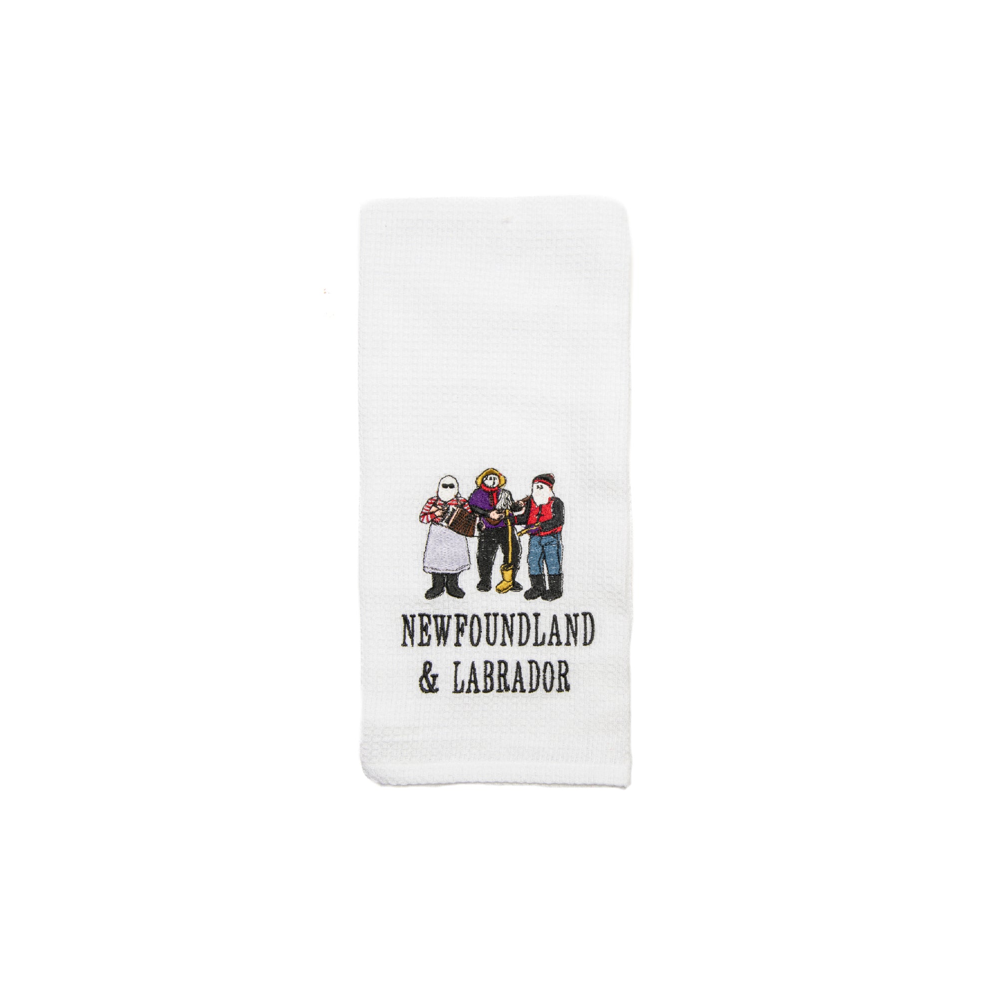 White Waffle Kitchen Towel with Embroidered Mummer Design - Set of 6