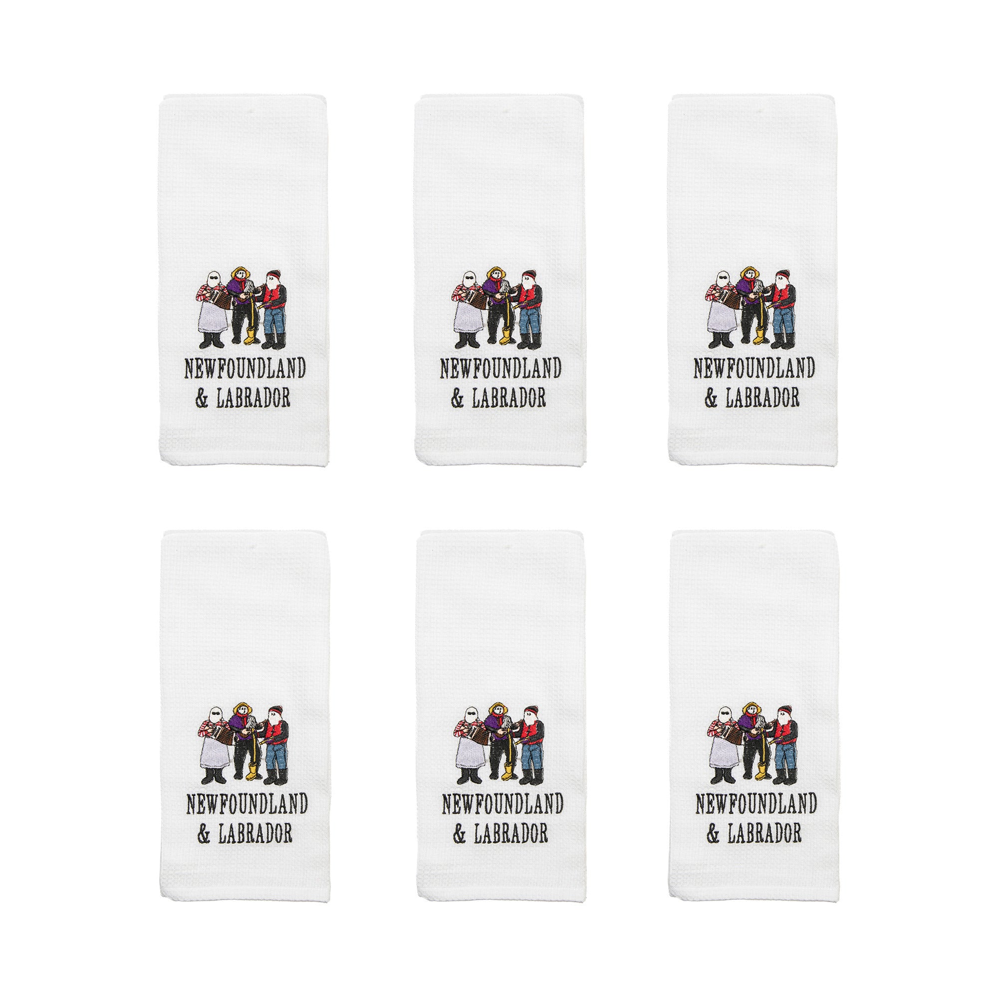 White Waffle Kitchen Towel with Embroidered Mummer Design - Set of 6