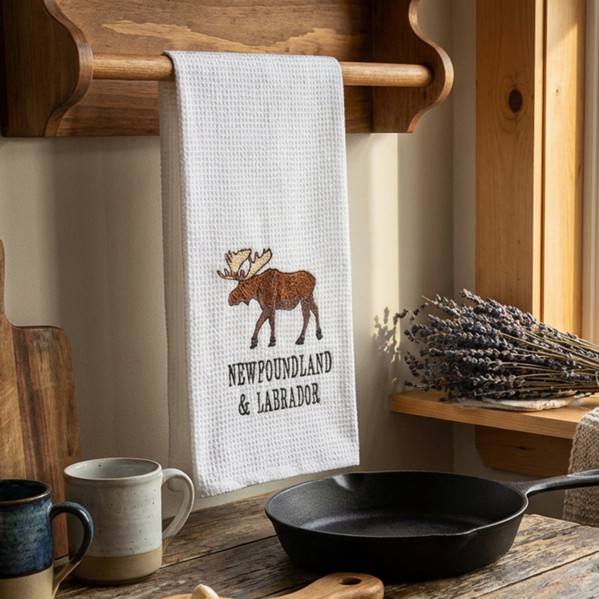 White Waffle Kitchen Towel with Embroidered Moose - Set of 6