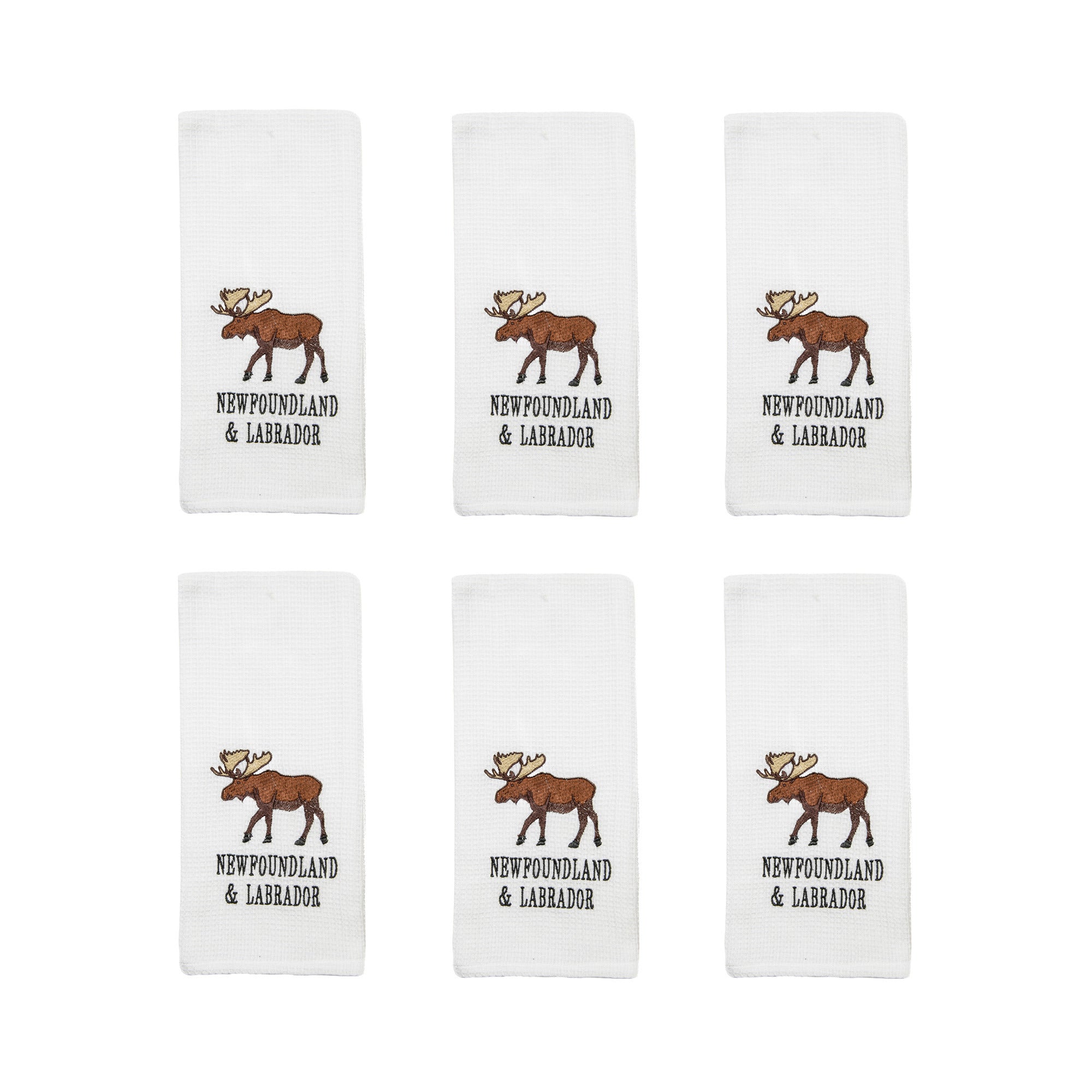 White Waffle Kitchen Towel with Embroidered Moose - Set of 6