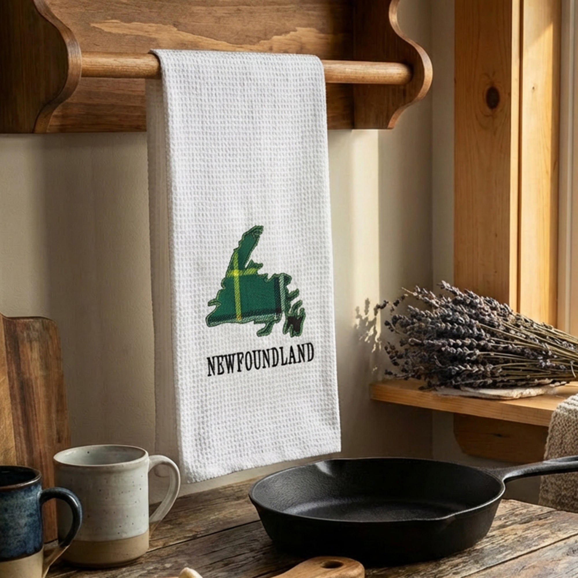 White Waffle Kitchen Towel with Newfoundland Tartan Embroidery - Set of 6