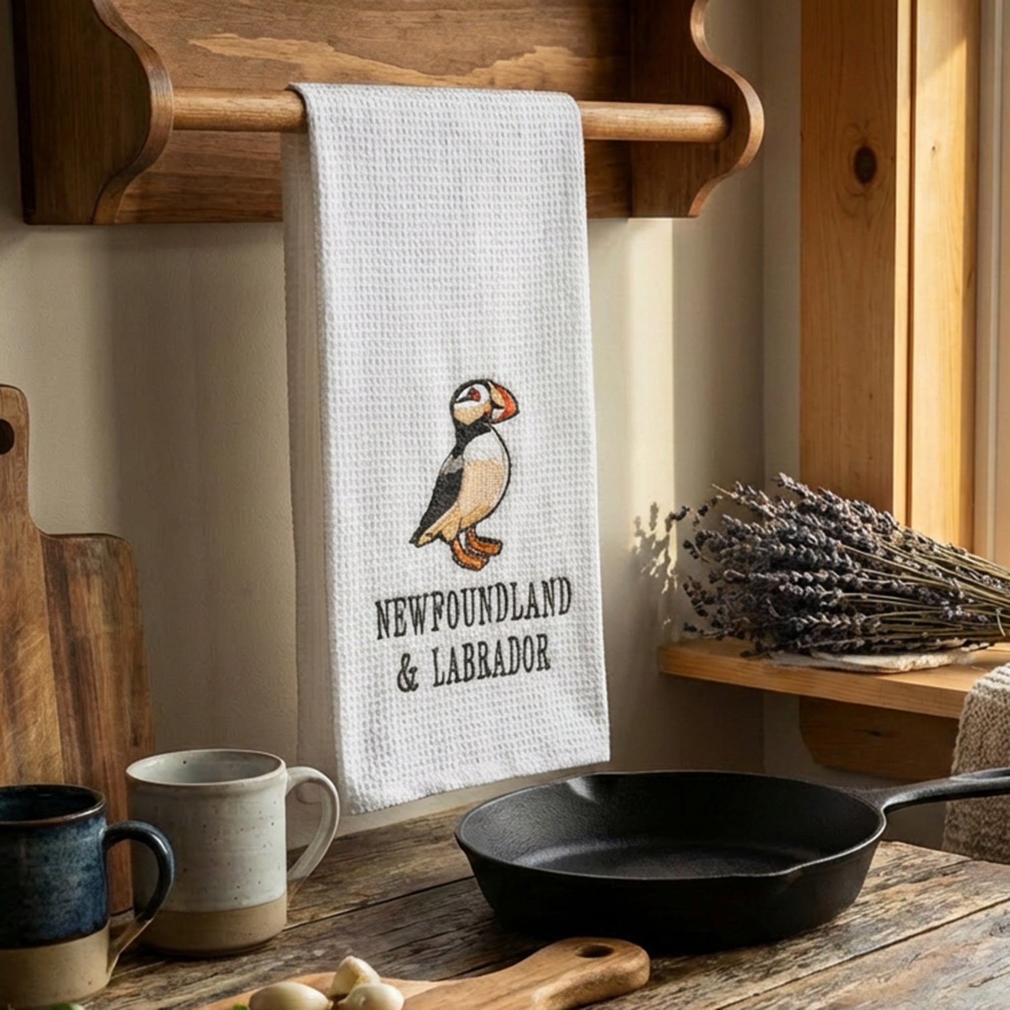 White Waffle Kitchen Towel with Embroidered Puffin - Set of 6